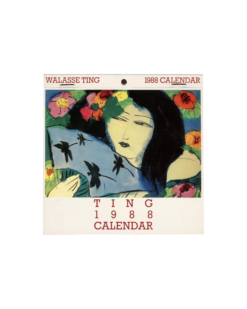 Walasse Ting, 1988 Calendar, Art Unlimited, Amsterdam, front cover, Cats waiting for new excitement, 1987, reclining woman with fan and flowers, acrylic on rice paper