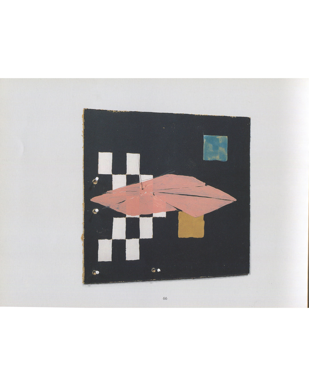 Interior page 66 from Richard Tuttle, Warm Brown 1–67 and Mesa Pieces, Kärntner Landesgalerie, c. 1990s, showing a colour reproduction of an untitled work comprising a square black-painted board with a white checkerboard pattern at left, a pink painted form resembling a flattened bow or lips at centre, a small blue painted square at upper right, and a small ochre square at lower centre, mounted on a white wall with visible metal pins.
