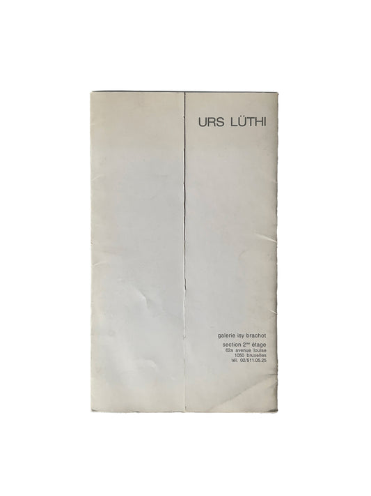 Urs Lüthi exhibition invitation, Galerie Isy Brachot, Brussels, 1975 — interior bifold showing bibliography page with typed text listing international art publications and catalogues