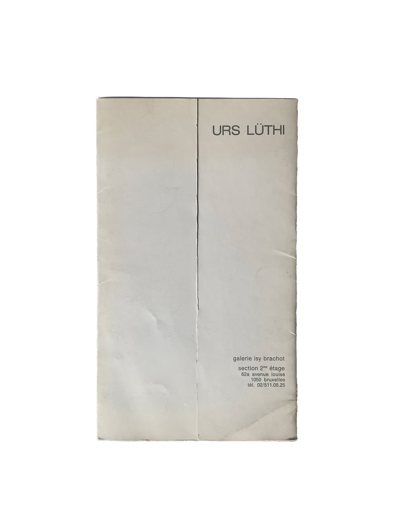 Urs Lüthi exhibition invitation, Galerie Isy Brachot, Brussels, 1975 — interior bifold showing bibliography page with typed text listing international art publications and catalogues