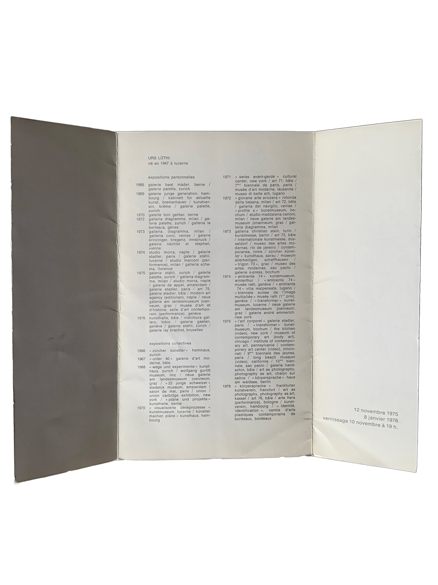 Urs Lüthi exhibition invitation open bifold, Galerie Isy Brachot, Brussels, 1975 — interior showing full CV and exhibition history 1965–1976, vernissage 10 novembre 1975, 12 novembre 1975 – 8 janvier 1976
