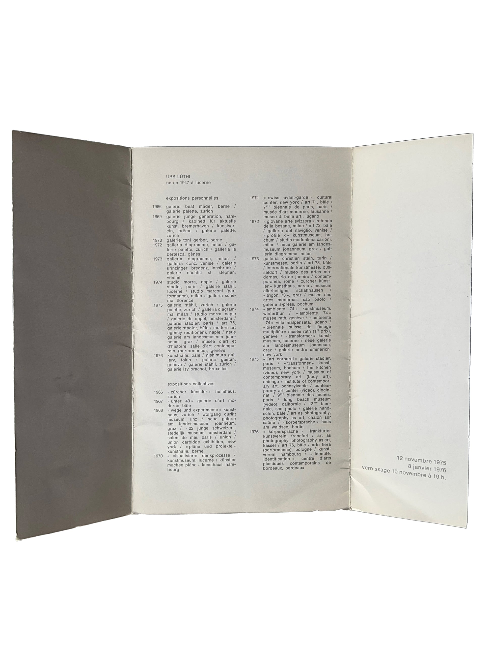 Urs Lüthi exhibition invitation open bifold, Galerie Isy Brachot, Brussels, 1975 — interior showing full CV and exhibition history 1965–1976, vernissage 10 novembre 1975, 12 novembre 1975 – 8 janvier 1976