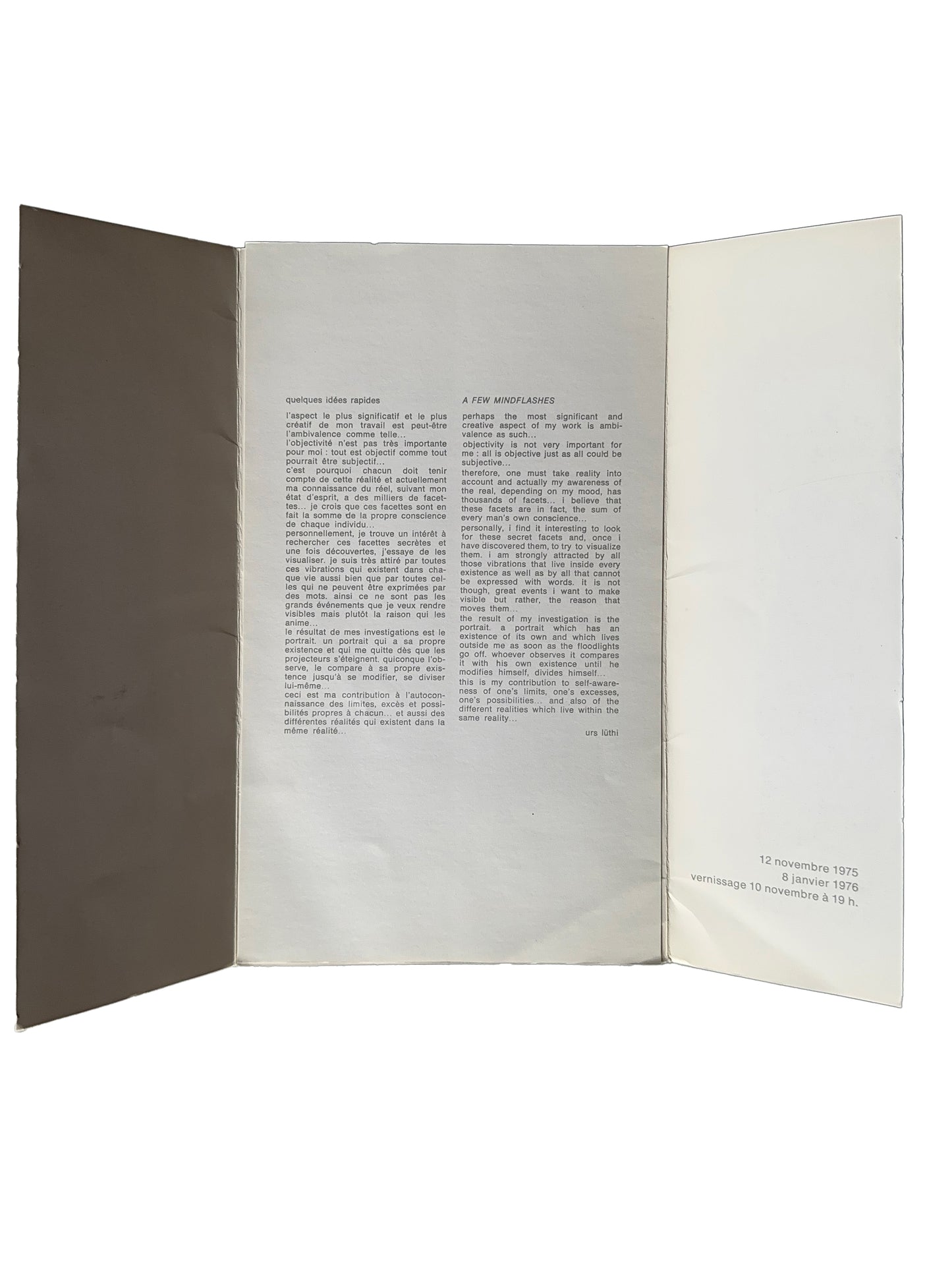 Urs Lüthi exhibition invitation open bifold, Galerie Isy Brachot, Brussels, 1975 — interior showing artist statement "A Few Mindflashes" in French and English, vernissage 10 novembre 1975