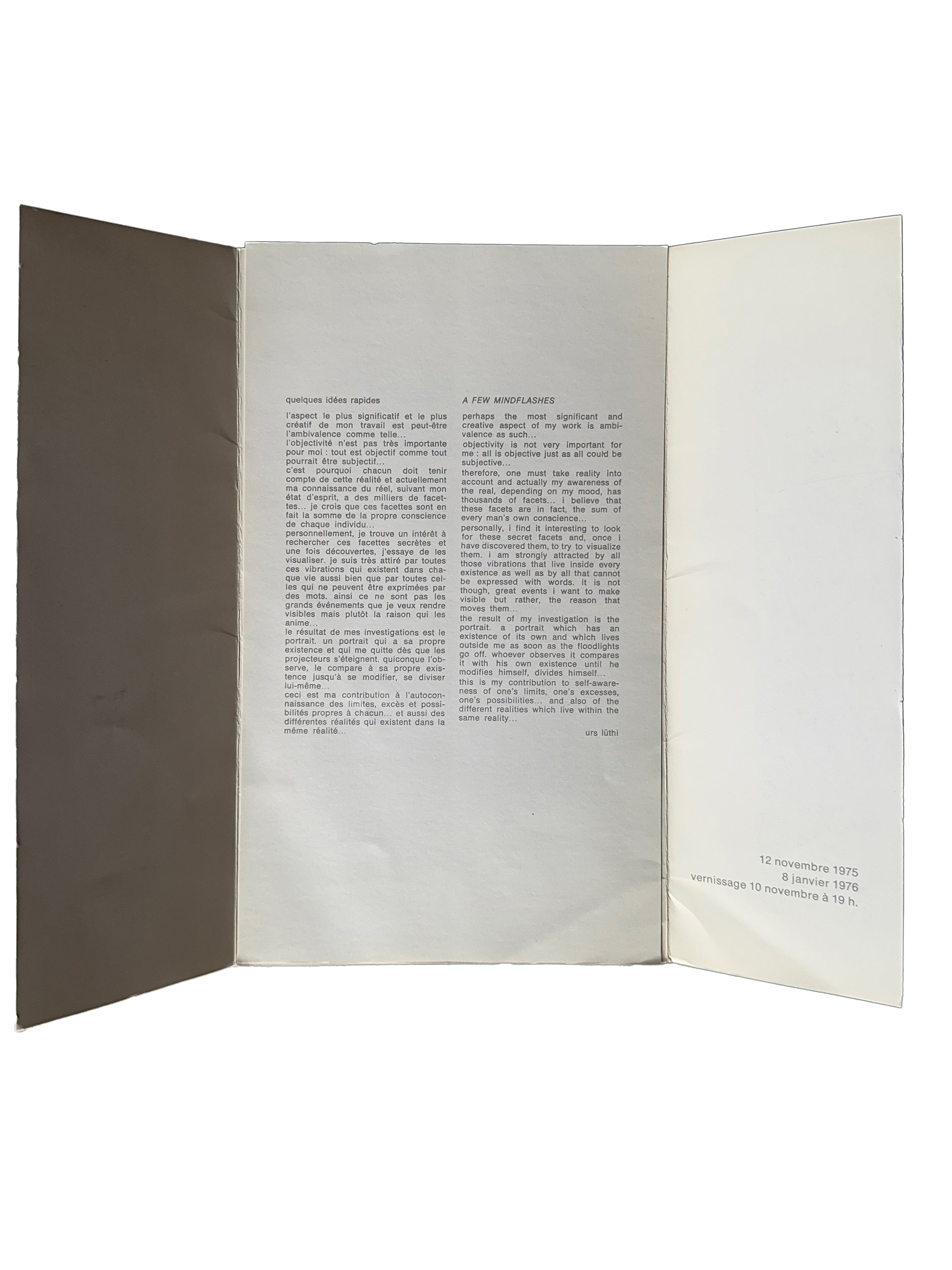 Urs Lüthi exhibition invitation open bifold, Galerie Isy Brachot, Brussels, 1975 — interior showing artist statement "A Few Mindflashes" in French and English, vernissage 10 novembre 1975