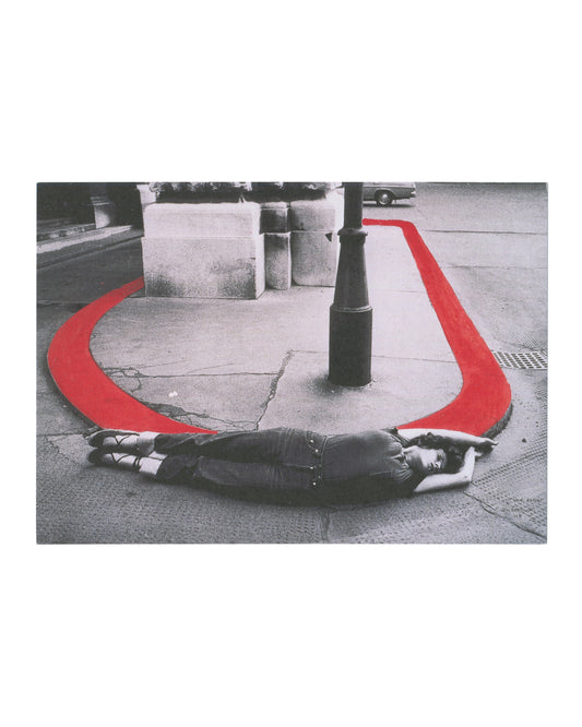 Original 2019 VALIE EXPORT The 1980 Venice Biennale Works private view invitation card, Galerie Thaddaeus Ropac London, recto showing a reproduction of Einkreisung / Encirclement, 1976/1980: a black-and-white photograph of a female figure lying on an urban pavement beside a lamp post, surrounded by a bold painted red oval line encircling her body, set against a white card ground with a small credit line bottom right.