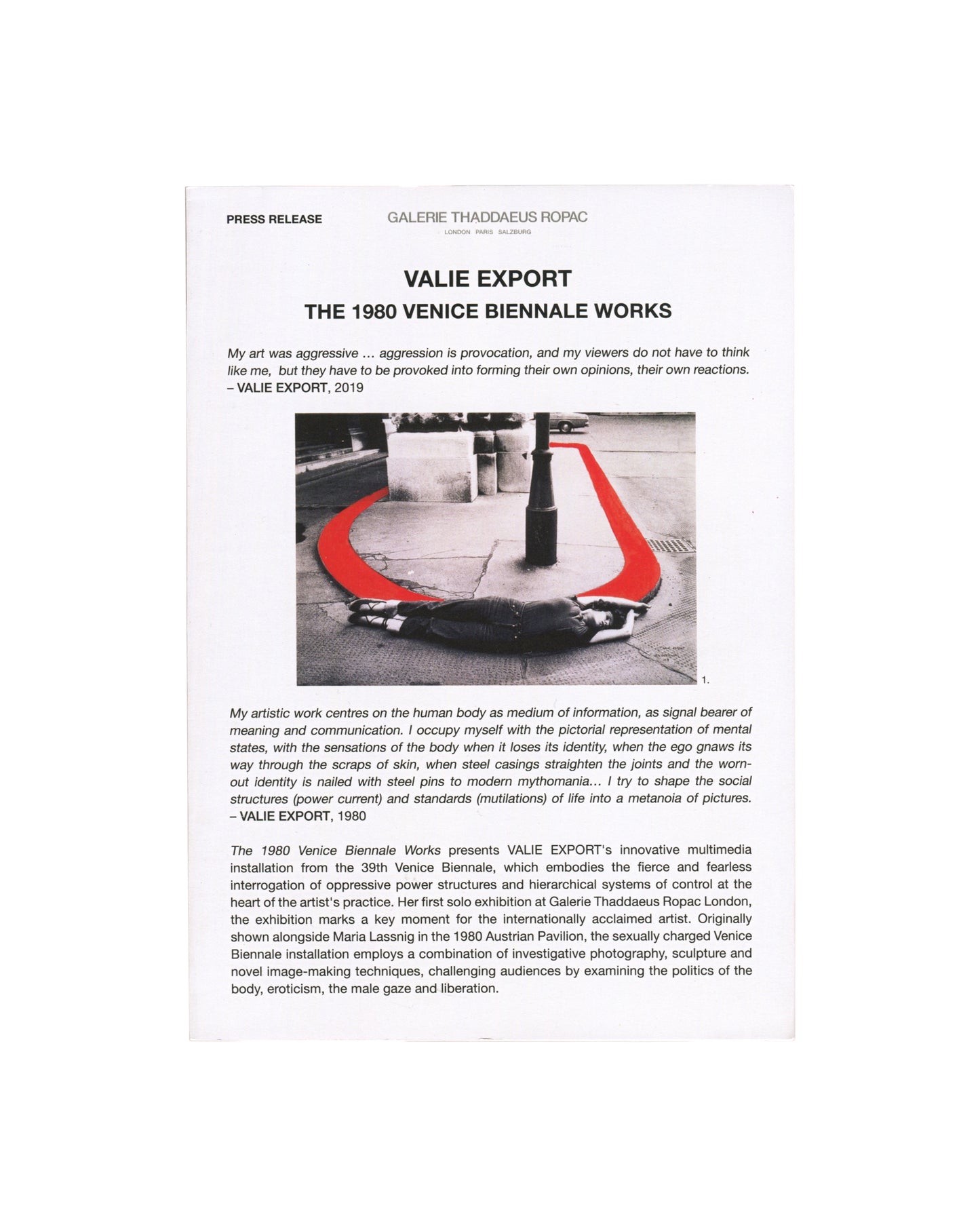 Front page of 2019 VALIE EXPORT The 1980 Venice Biennale Works Galerie Thaddaeus Ropac press release showing 'PRESS RELEASE' and Galerie Thaddaeus Ropac logotype at top, followed by 'VALIE EXPORT / THE 1980 VENICE BIENNALE WORKS' as headline, an artist quote in italic type, a reproduction of Einkreisung / Encirclement, 1976/1980, and two further artist statements in italic, followed by exhibition description text in two columns.