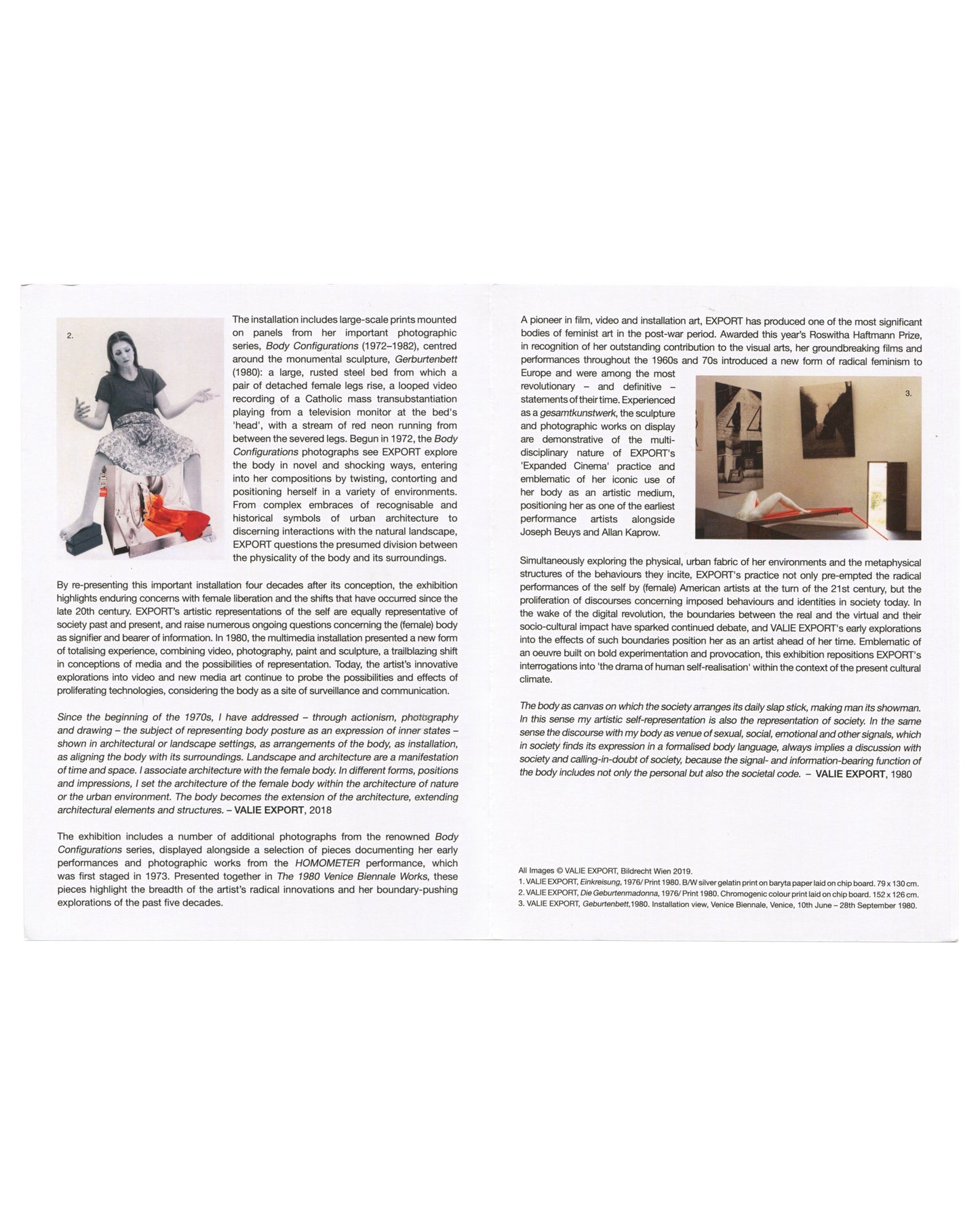 Inside spread of 2019 VALIE EXPORT Thaddaeus Ropac press release showing two-column text across both pages with exhibition description, artist biography, and critical context, with three small colour and black-and-white installation images inset: left showing EXPORT in a domestic interior with red elements, centre showing a chromogenic print of a female figure on a chip board surface, right showing an installation view of the 1980 Venice Biennale Austrian Pavilion.