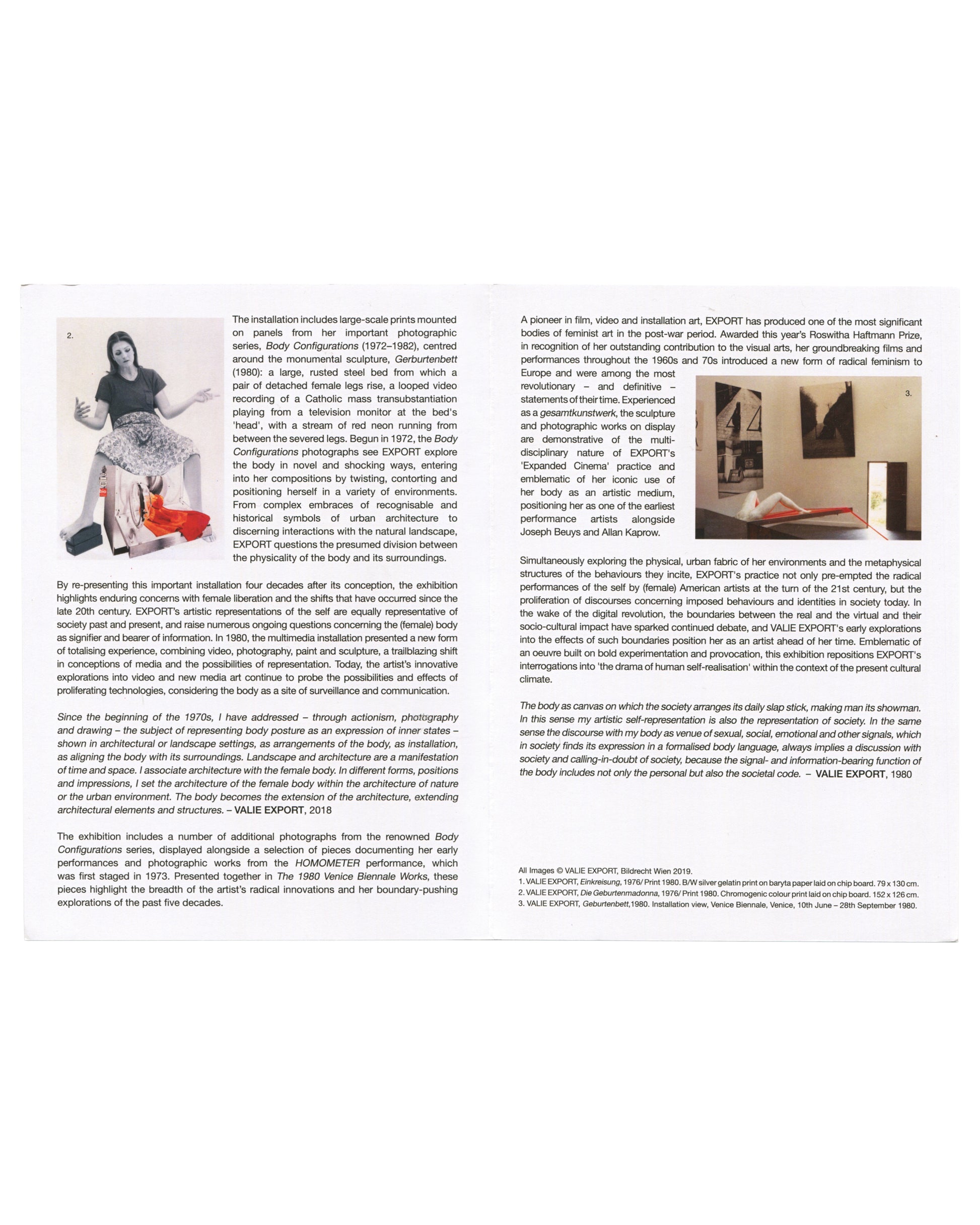 Inside spread of 2019 VALIE EXPORT Thaddaeus Ropac press release showing two-column text across both pages with exhibition description, artist biography, and critical context, with three small colour and black-and-white installation images inset: left showing EXPORT in a domestic interior with red elements, centre showing a chromogenic print of a female figure on a chip board surface, right showing an installation view of the 1980 Venice Biennale Austrian Pavilion.