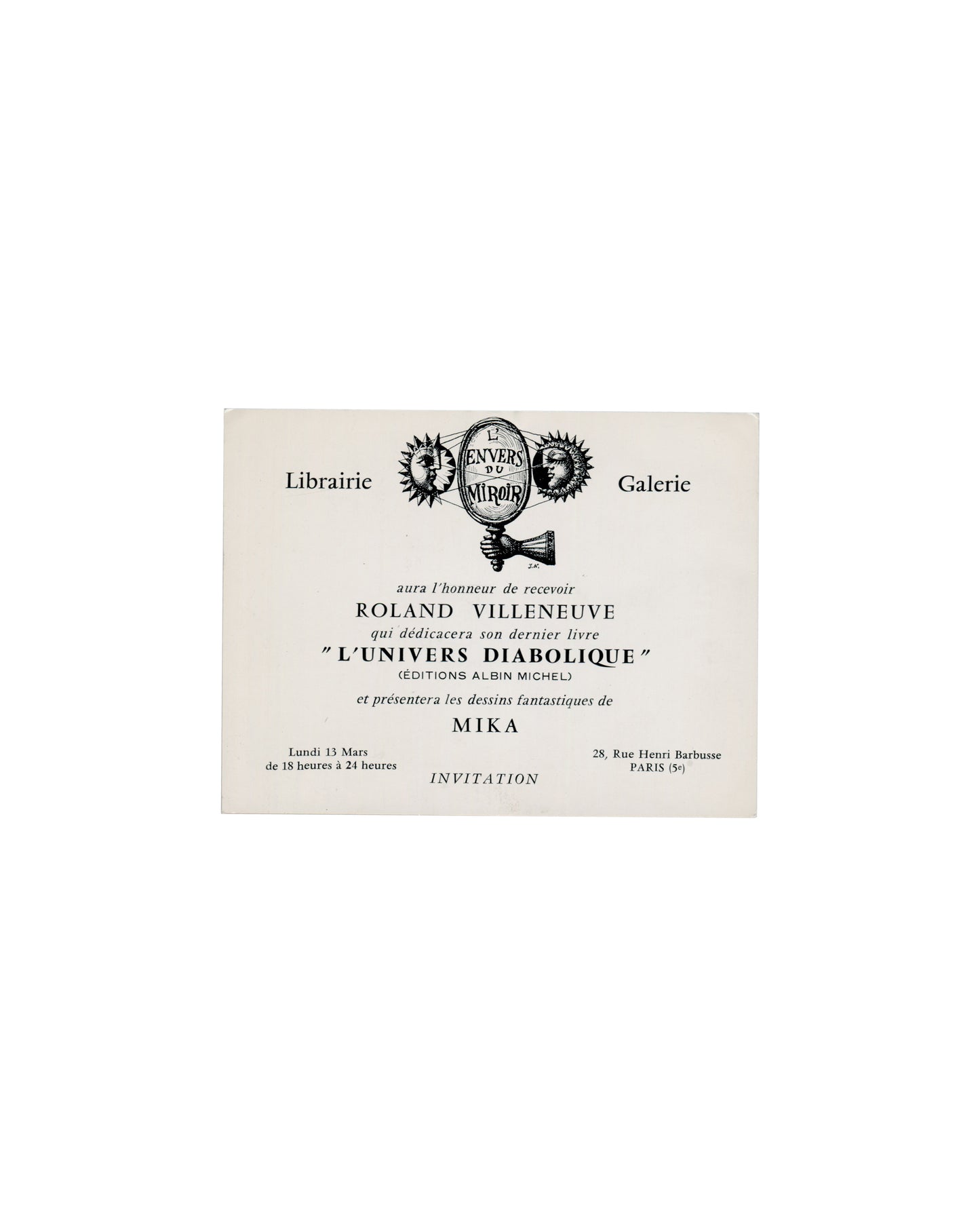 MIKA / Roland Villeneuve, L'Envers du Miroir, Paris 1972, verso, gallery emblem and typographic announcement