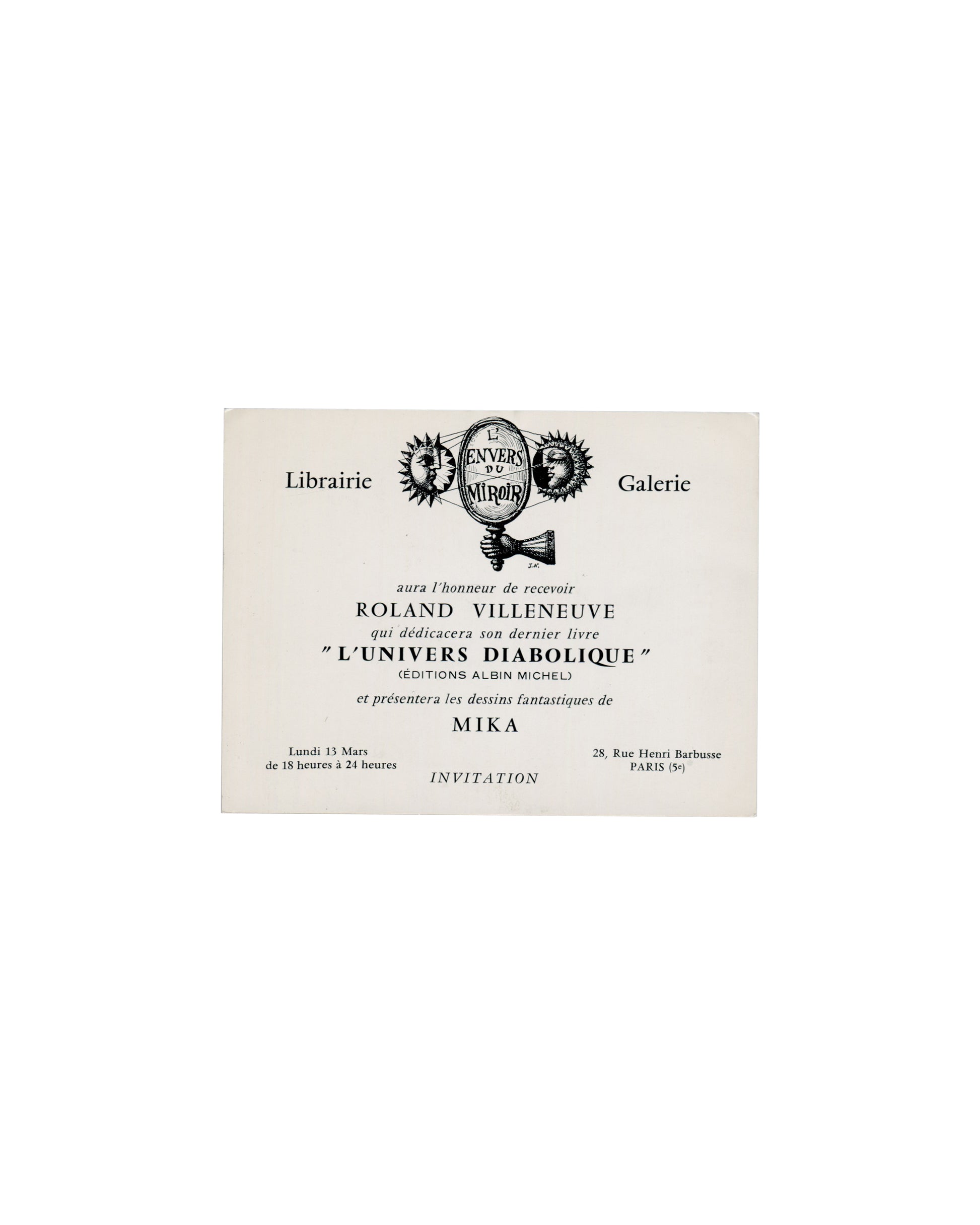 MIKA / Roland Villeneuve, L'Envers du Miroir, Paris 1972, verso, gallery emblem and typographic announcement