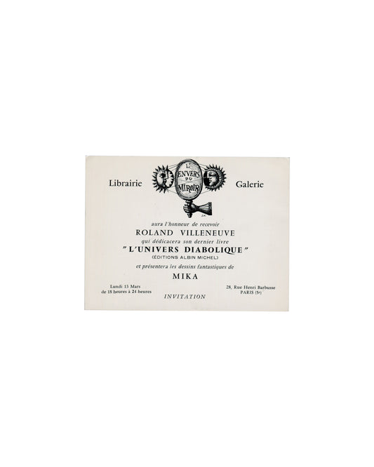 MIKA / Roland Villeneuve, L'Envers du Miroir, Paris 1972, verso, gallery emblem and typographic announcement
