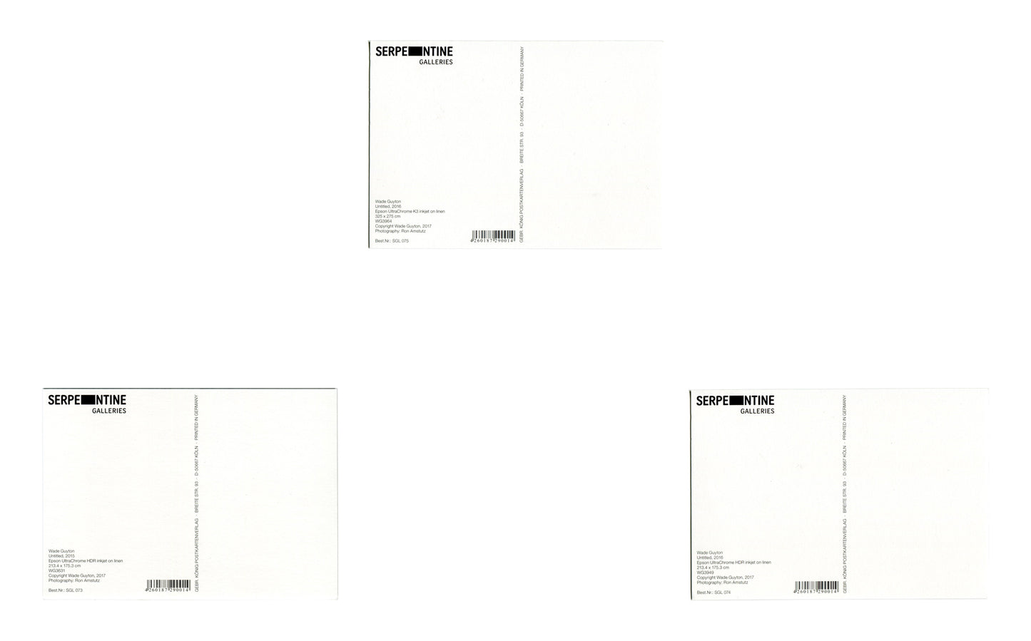 3  Wade Guyton postcards showing the backside with credits from  his Serpentine Gallery Exhibition 2017