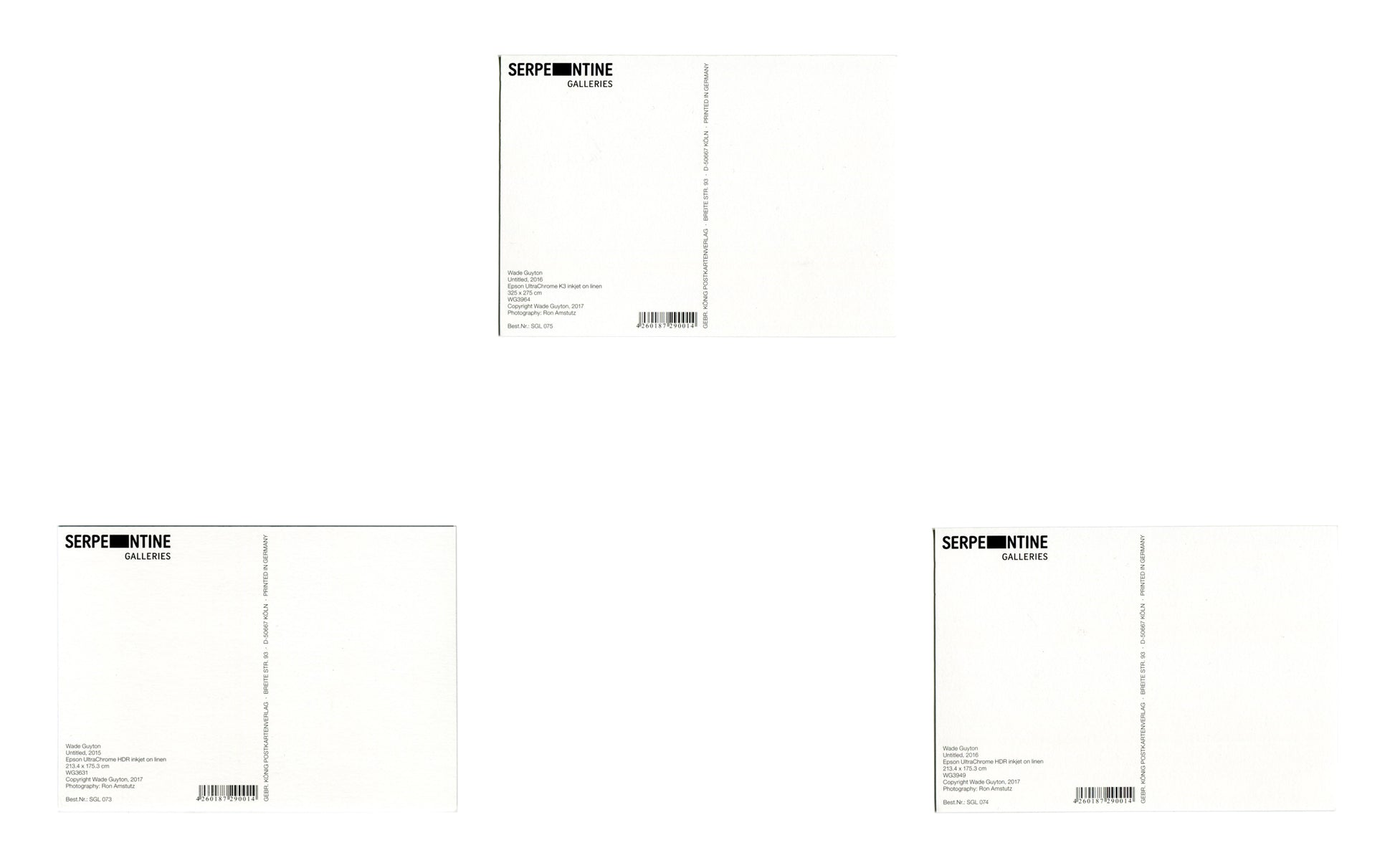 3  Wade Guyton postcards showing the backside with credits from  his Serpentine Gallery Exhibition 2017