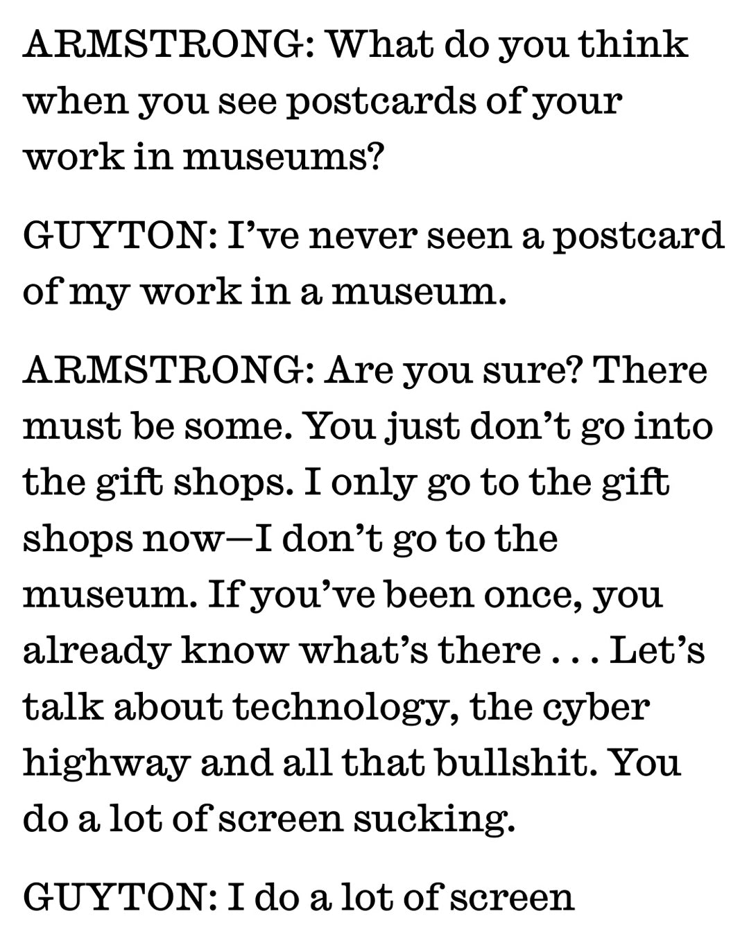 Text conversation between Armstrong and Guyton about postcards of their work in museums.