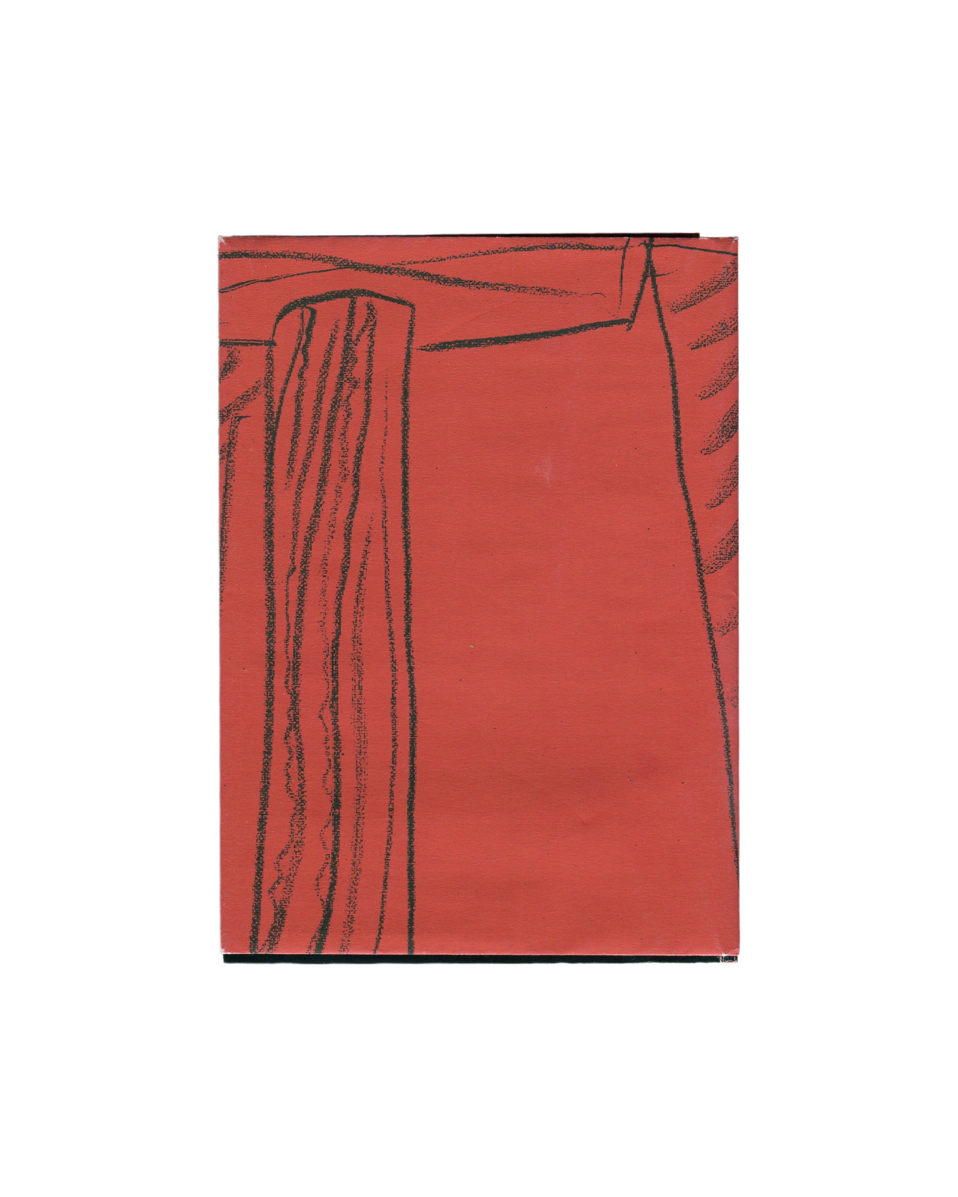 Back cover, Andy Warhol, Hammer and Sickle, Haunch of Venison, London, 2004. Red fold-out poster cover/wrapper. Back face: black line drawing of hammer and sickle on red ground — vertical column element left, curved sickle blade right, hatched shading throughout. Minor edge and corner wear, small surface marks, fold lines as issued.