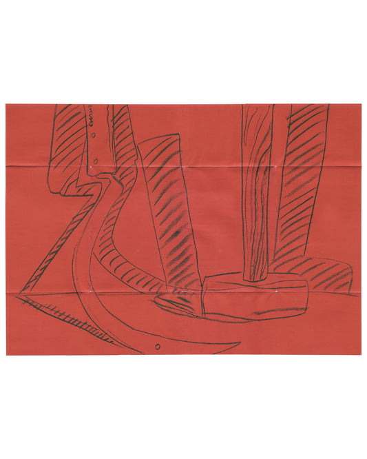Andy Warhol, Hammer and Sickle, Haunch of Venison, London, 2004. Fold-out poster cover unfolded, approx. 59.5 × 42 cm. Red ground. Large-scale black line drawing of hammer and sickle — hammer head upper left, sickle blade upper right, handles crossing at centre; bold contour lines with hatched shading throughout; small signature or notation lower right. Horizontal and vertical fold lines visible as issued.