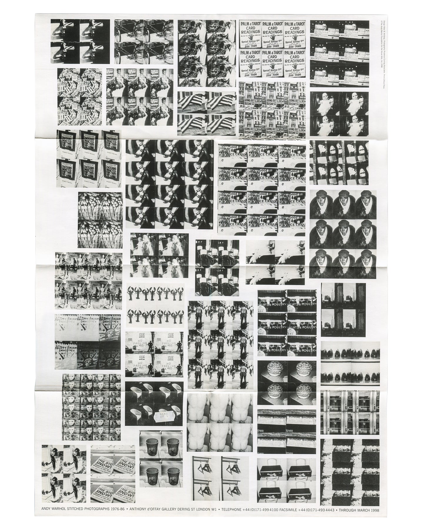  Original 1998 Andy Warhol Stitched Photographs 1976–86 exhibition poster, Anthony d'Offay Gallery, London. Full sheet showing dense grid of repeated black-and-white photographic images — storefronts, street signs, bodies, chairs, cups, hangers and urban details — with exhibition title and gallery details printed along the lower edge. 42 × 59.4 cm, offset on lightweight paper, folded into eight panels.