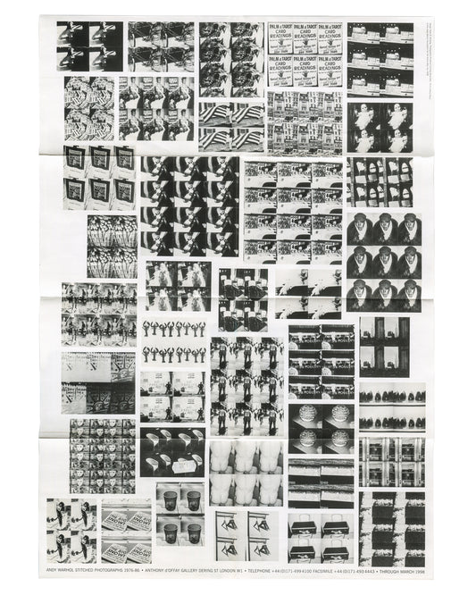  Original 1998 Andy Warhol Stitched Photographs 1976–86 exhibition poster, Anthony d'Offay Gallery, London. Full sheet showing dense grid of repeated black-and-white photographic images — storefronts, street signs, bodies, chairs, cups, hangers and urban details — with exhibition title and gallery details printed along the lower edge. 42 × 59.4 cm, offset on lightweight paper, folded into eight panels.