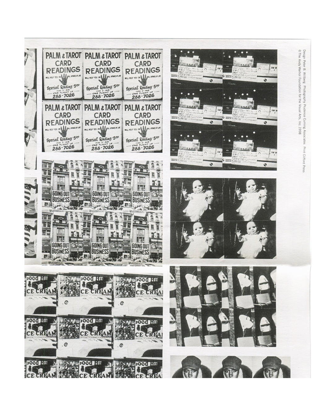 Image 2 (detail — upper): Detail showing repeated grids of Palm & Tarot Card Readings storefront signs and television screen photographs.