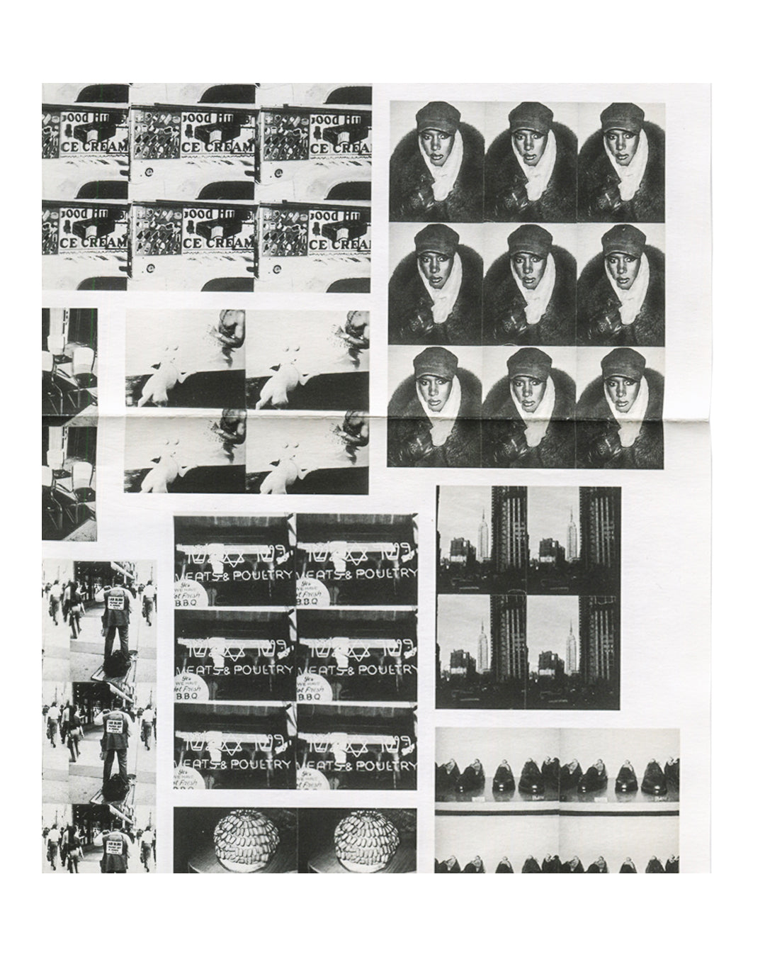 Detail showing repeated grids of Ice Cream truck photographs, anonymous figures in crowds, and repeated portrait grids.