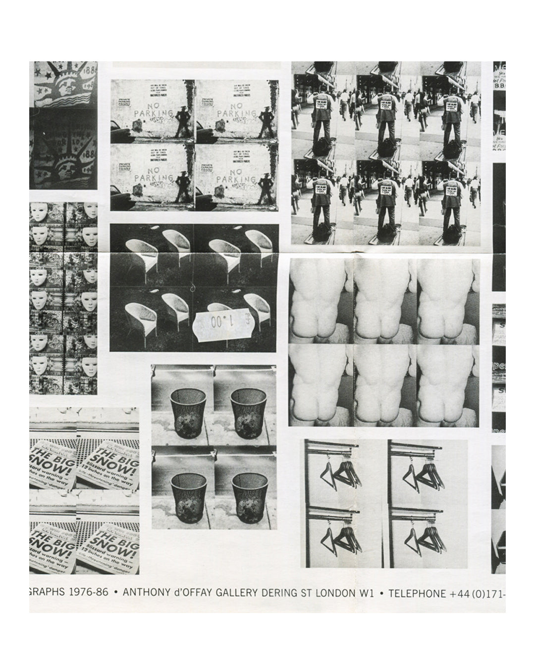  Detail showing No Parking signs, mannequin torsos, waste bins, clothes hangers and The Big Snow newspaper headlines, with partial gallery address text along the bottom edge.