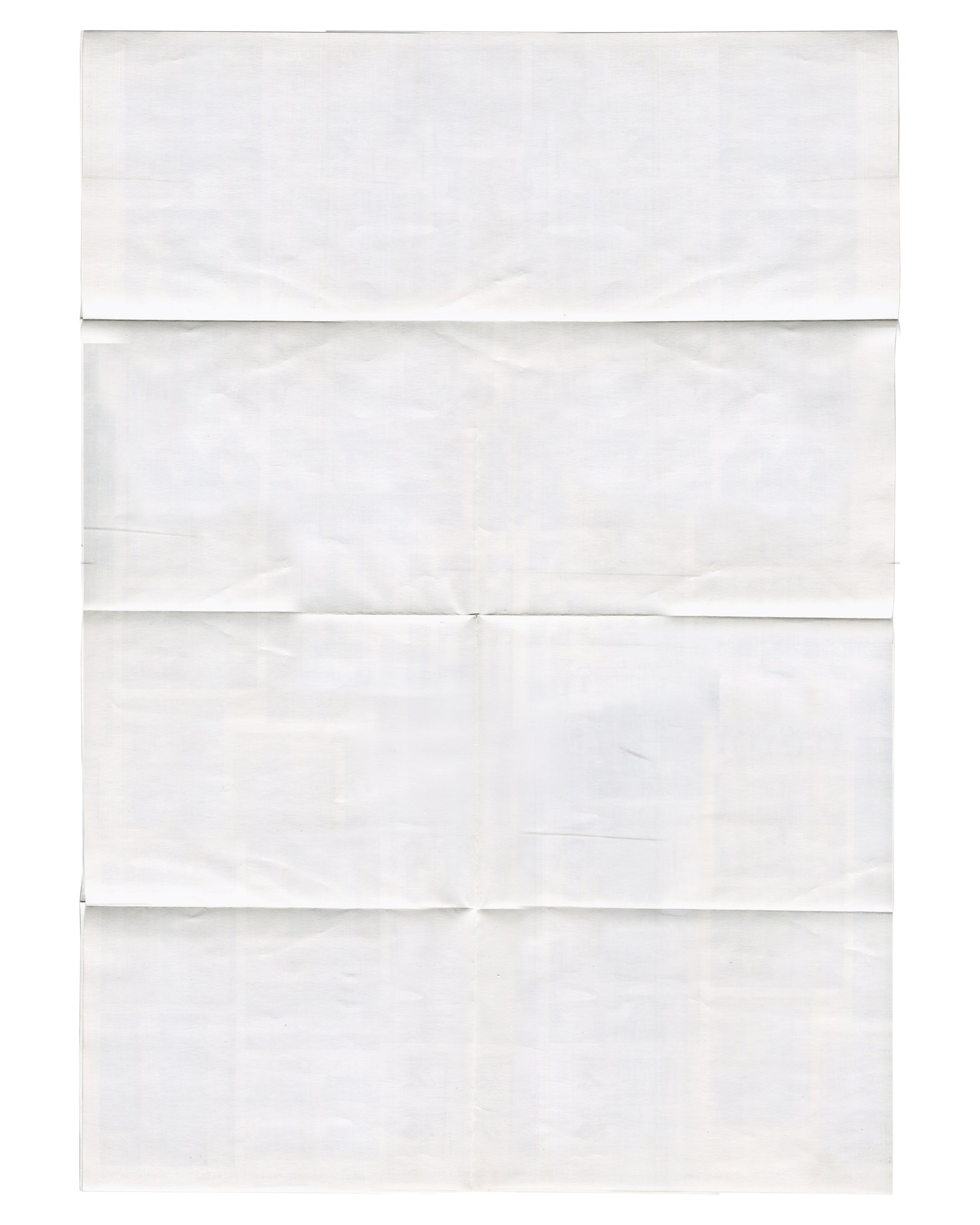 Blank white lightweight paper showing original horizontal and vertical fold lines from storage, with light handling creases and minor age toning.