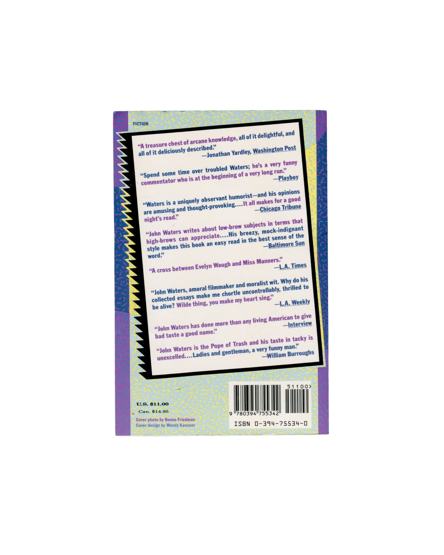 John Waters, Crackpot, Vintage Books 1987, back cover: yellow, purple and blue, press quotes from Washington Post, Playboy, William Burroughs; ISBN barcode, cover credits lower left