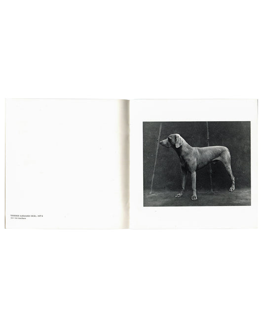 Interior spread, William Wegman, New Paintings, Polaroids and Drawings, Holly Solomon Gallery & Pace/MacGill Gallery, New York, 1991. Left page: blank white with caption lower left — 'THREE LEGGED DOG, 1974 / 11 × 14 Inches'. Right page: black-and-white photograph — Weimaraner dog standing in profile against dark studio background; three legs visible, fourth absent; studio props visible behind.

