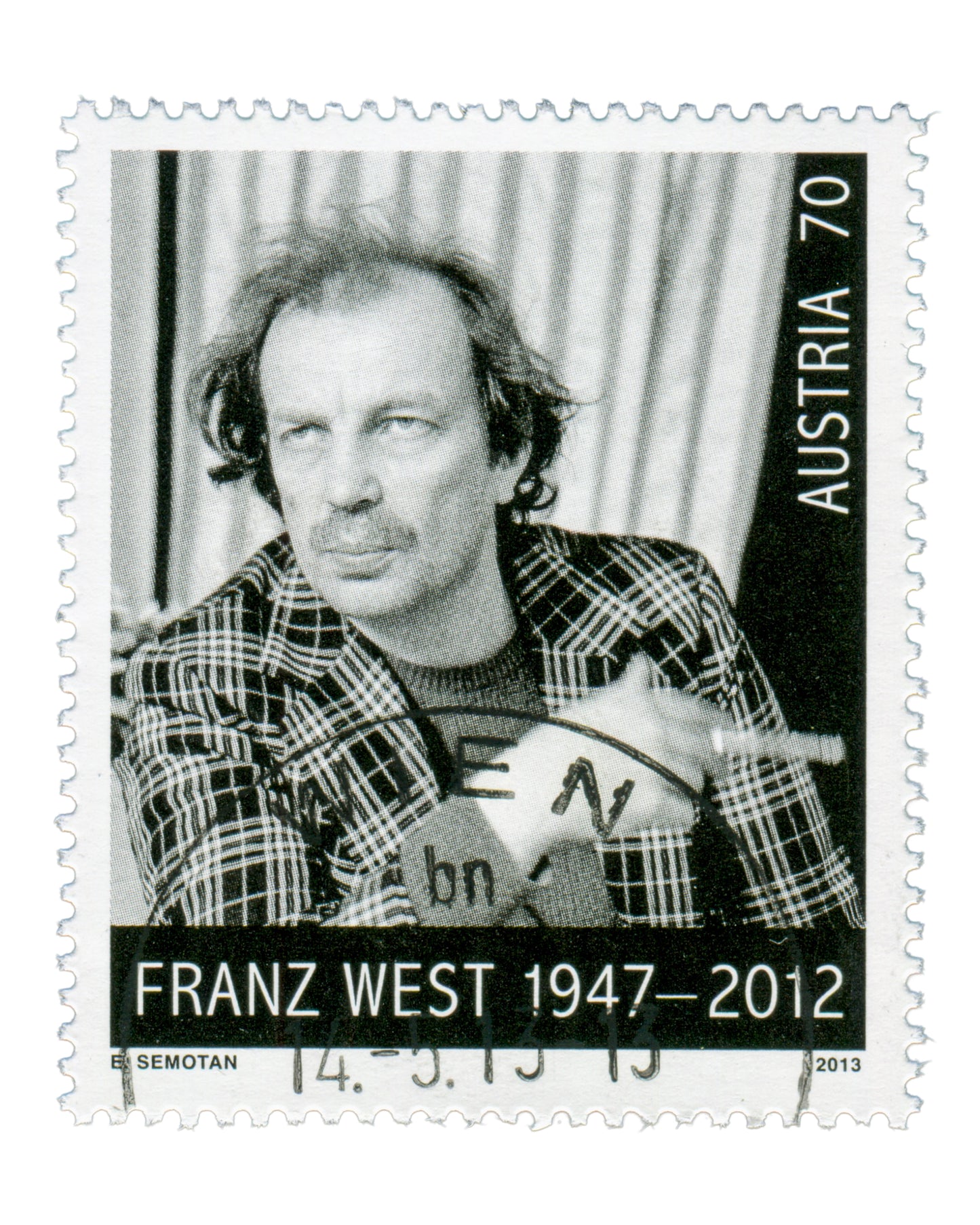 Franz West commemorative postage stamp, Austria 2013, recto, 70c, cancelled 14 May 2013, photograph by Elfie Semotan