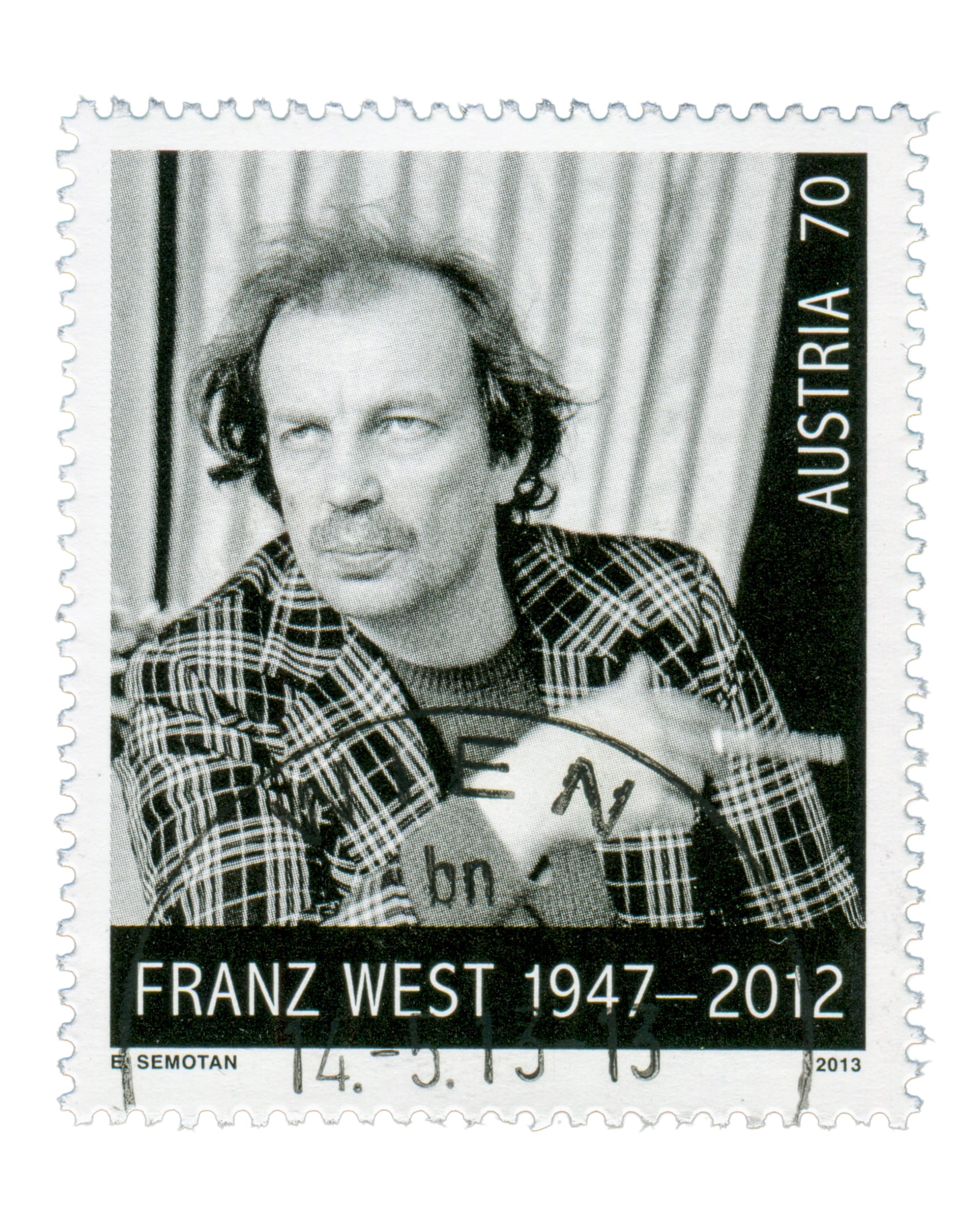 Franz West commemorative postage stamp, Austria 2013, recto, 70c, cancelled 14 May 2013, photograph by Elfie Semotan