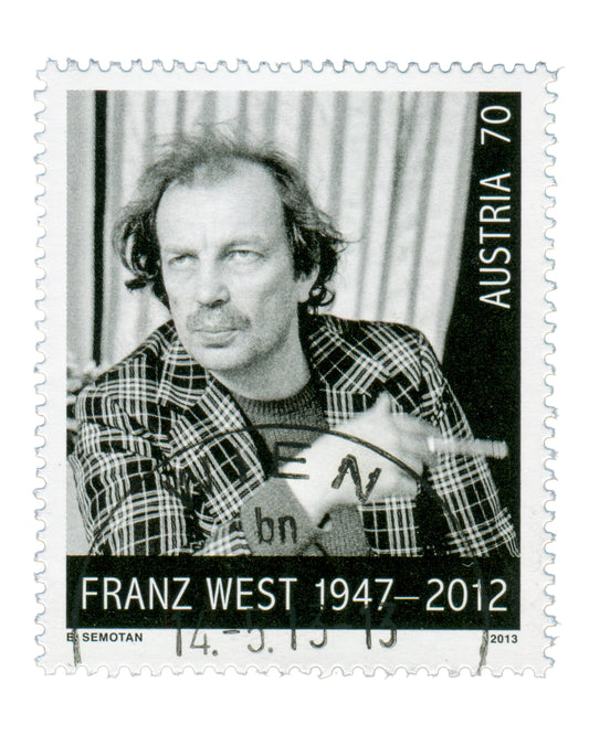 Franz West commemorative postage stamp, Austria 2013, recto, 70c, cancelled 14 May 2013, photograph by Elfie Semotan
