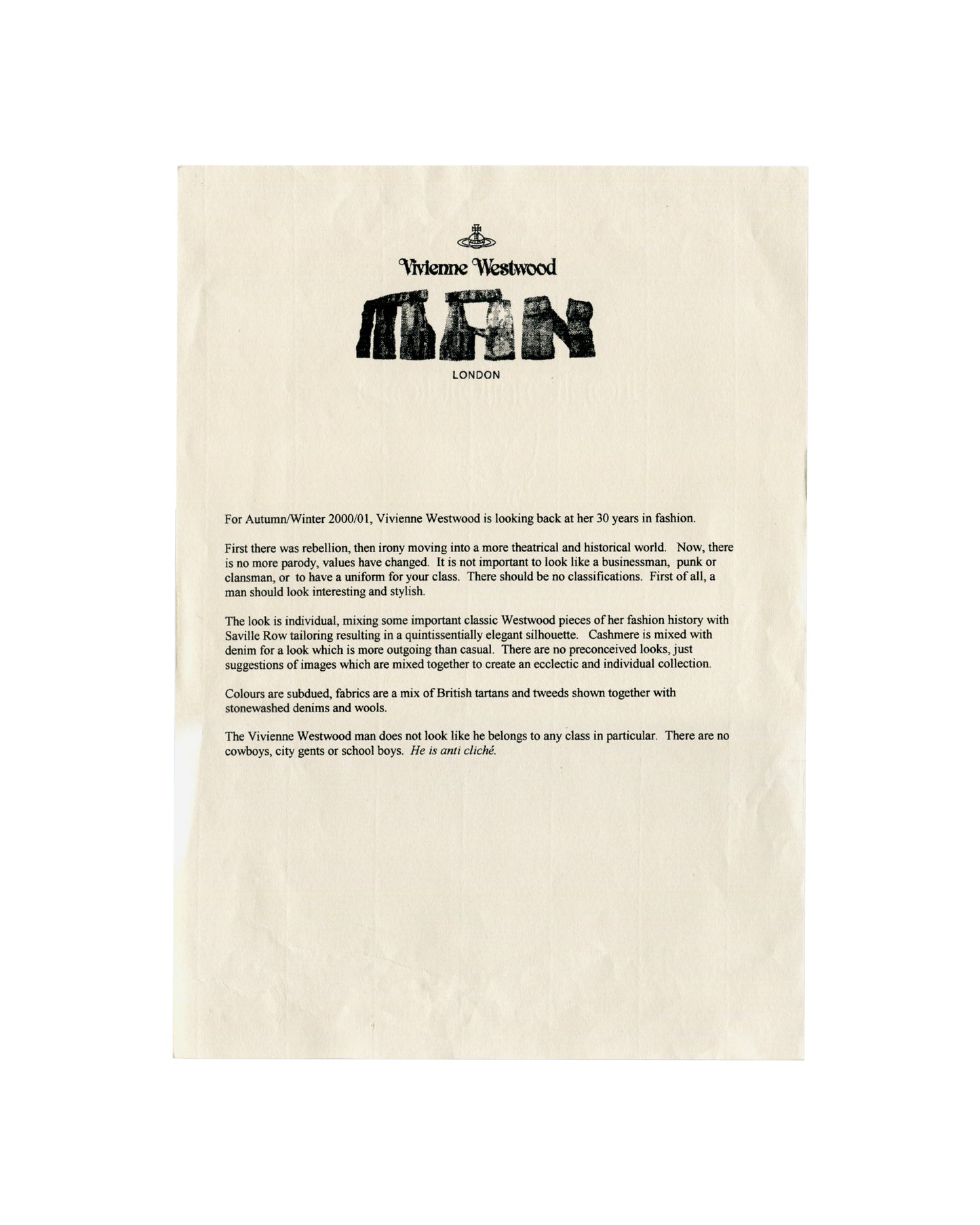 VIVIENNE WESTWOOD, Vivienne Westwood MAN Autumn/Winter 2000–01, Press Release, London, 2000