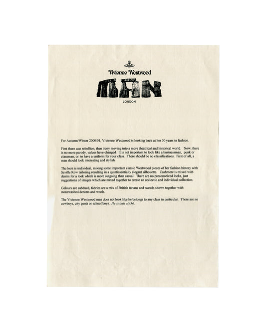 VIVIENNE WESTWOOD, Vivienne Westwood MAN Autumn/Winter 2000–01, Press Release, London, 2000