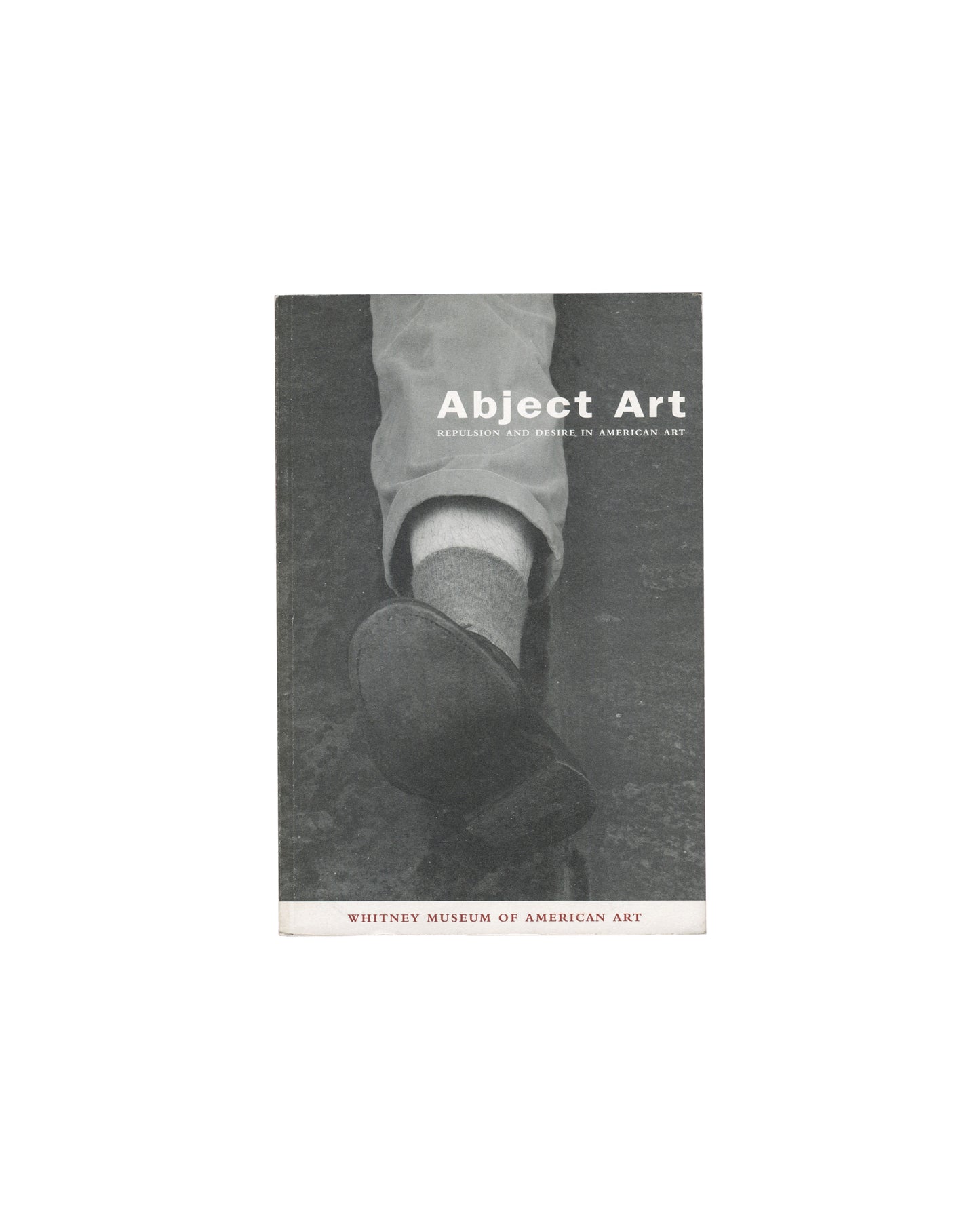  Robert Gober's severed leg sculpture — wax, cloth, shoe — against Warhol Oxidation Painting surface. Title "Abject Art / Repulsion and Desire in American Art" and "Whitney Museum of American Art" in type.