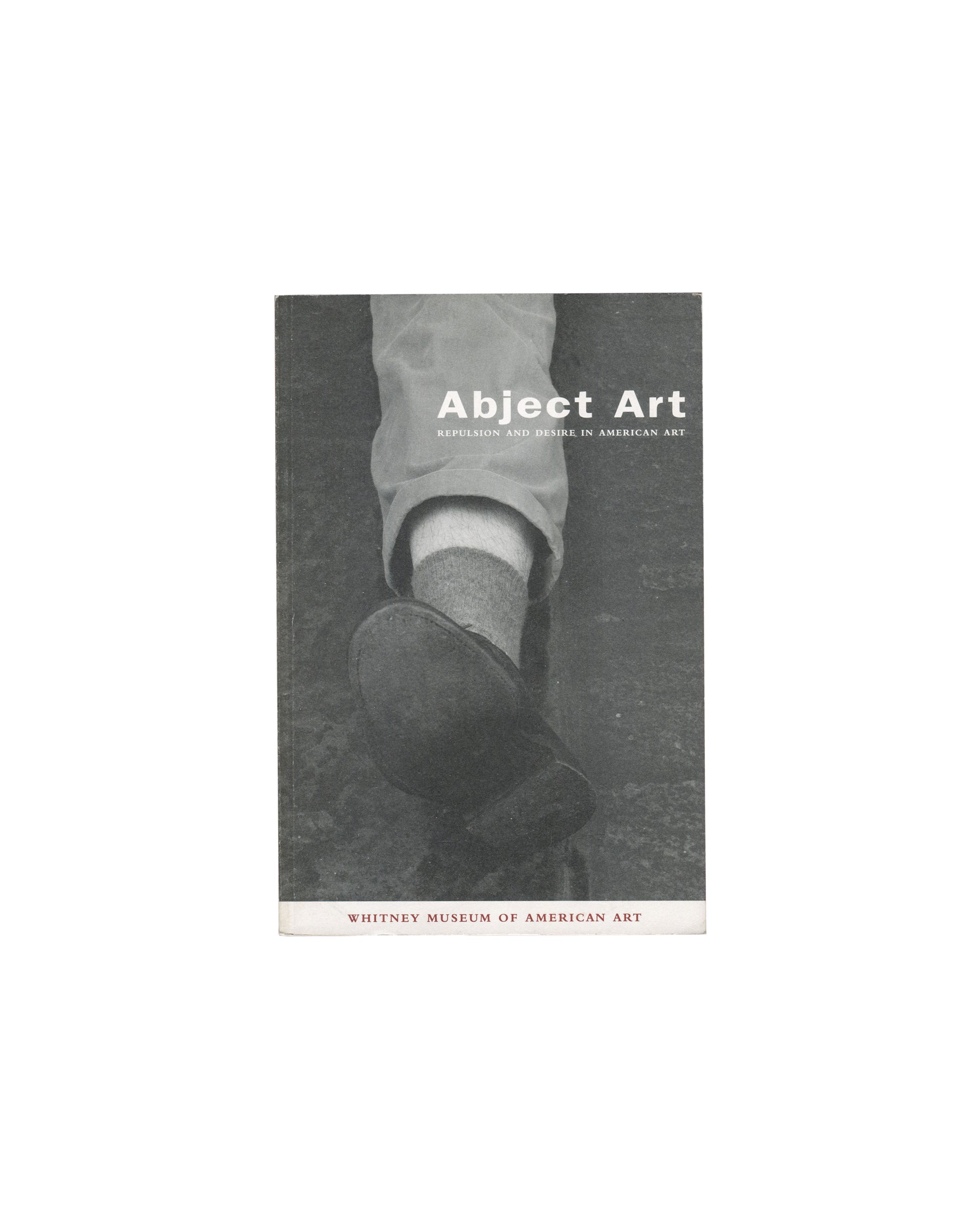  Robert Gober's severed leg sculpture — wax, cloth, shoe — against Warhol Oxidation Painting surface. Title "Abject Art / Repulsion and Desire in American Art" and "Whitney Museum of American Art" in type.