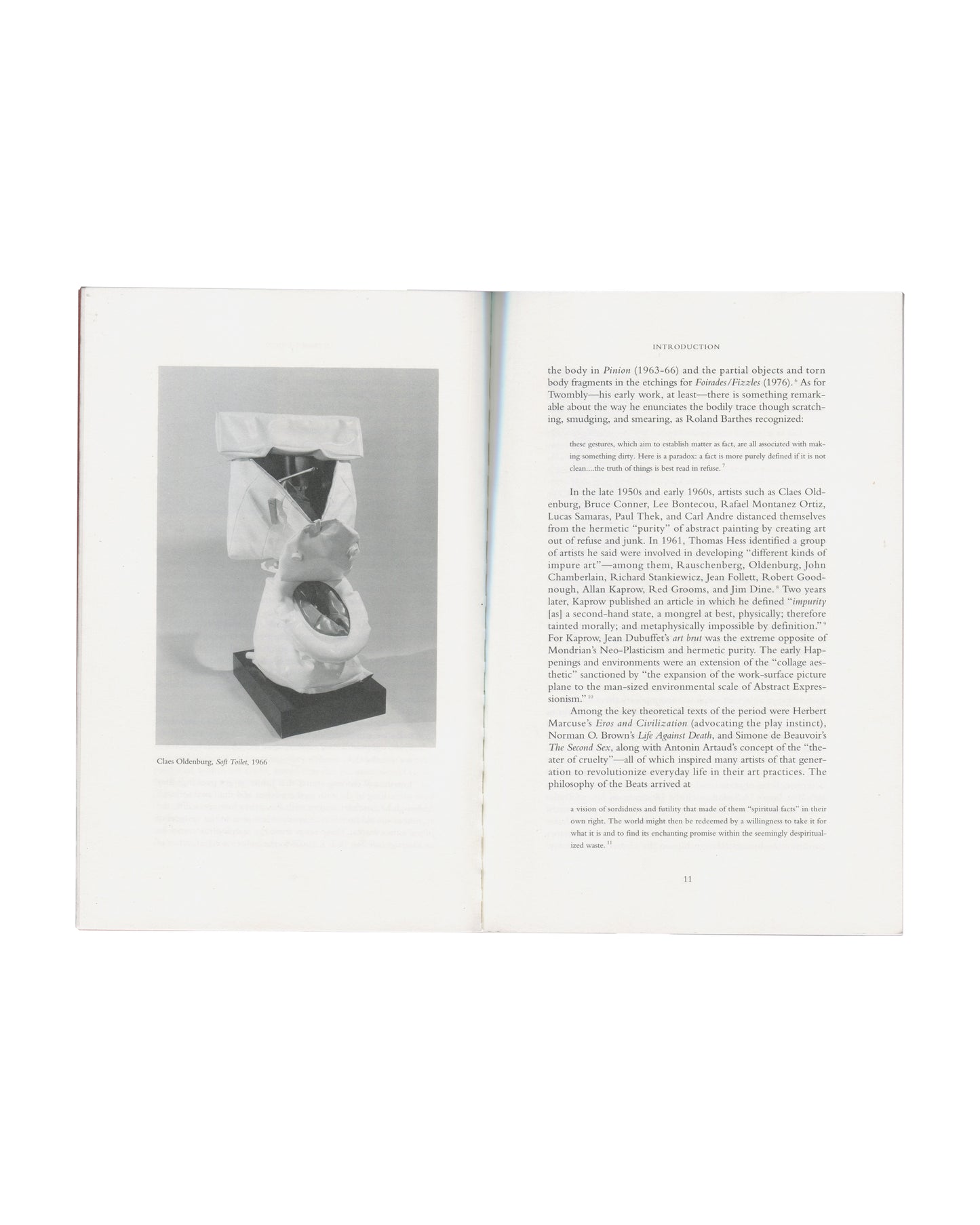 Claes Oldenburg, Soft Toilet, 1966, photographed left page; introduction text right page.
