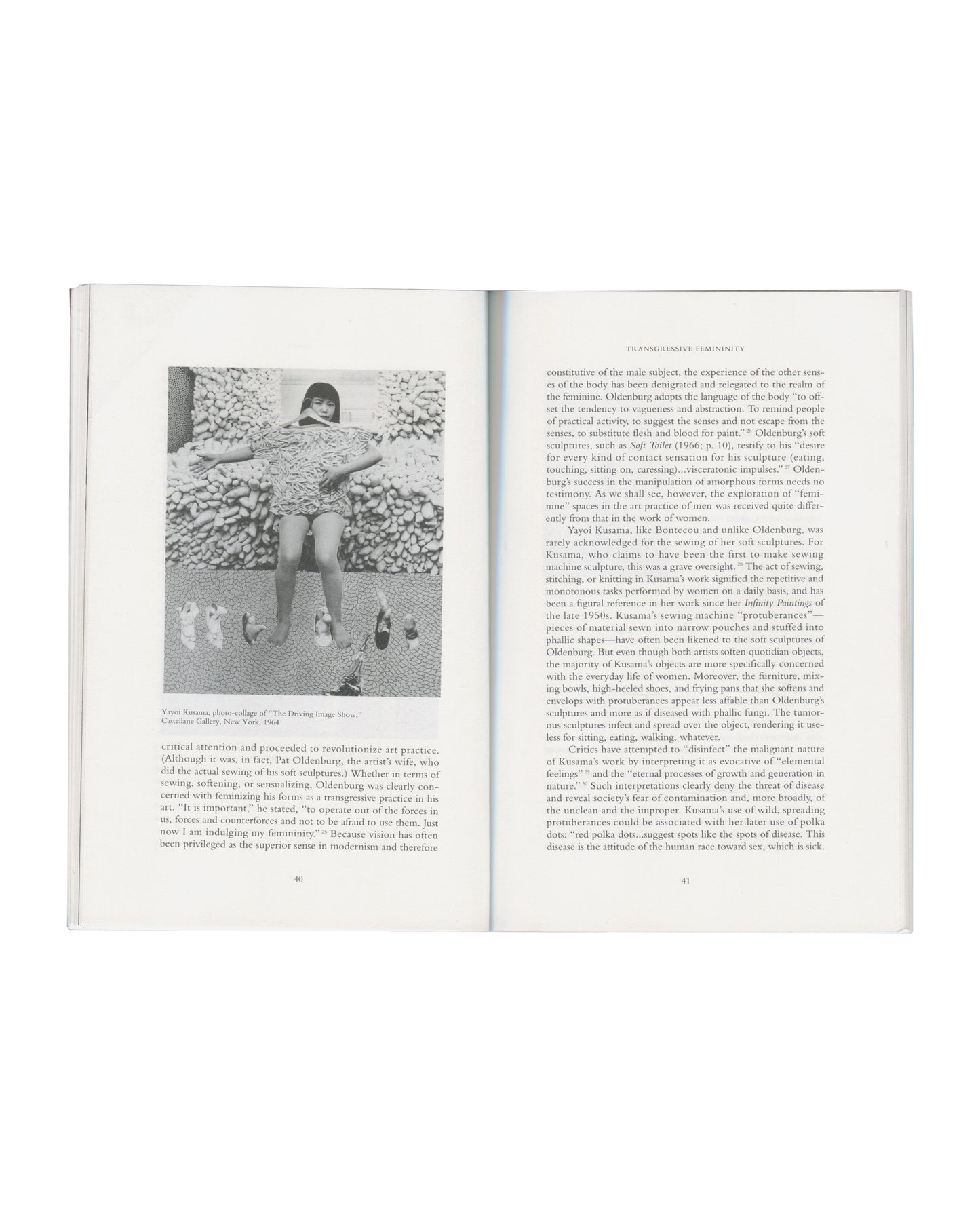 Yayoi Kusama, photo-collage of "The Driving Image Show," Castellane Gallery, New York, 1964, left page; essay "Transgressive Femininity" text right page.