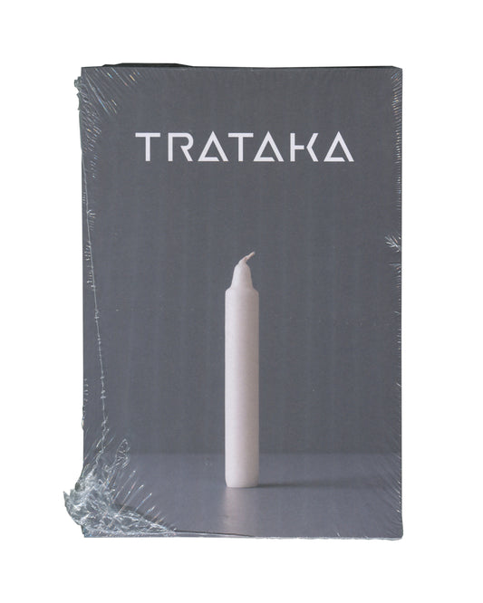 Ian Whittlesea, Trataka, The Everyday Press 2020, front cover: grey ground, white sans-serif title above single white candle on shelf, sealed in clear shrinkwrap