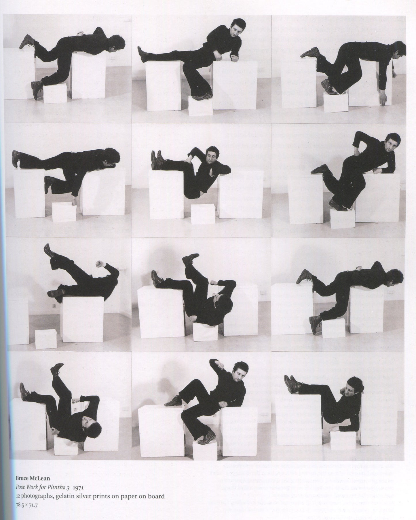 Andrew Wilson, ed., Conceptual Art in Britain 1964–1979, 2016, interior: b&w grid of 12 photographs — Bruce McLean, Pose Work for Plinths 3, 1971, man in black climbing and draping over white plinths; caption below