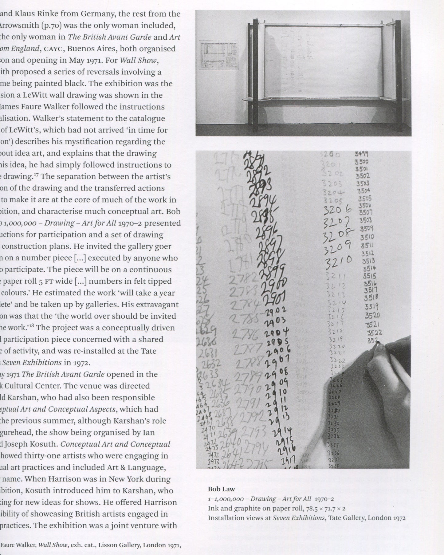 Andrew Wilson, ed., Conceptual Art in Britain 1964–1979, 2016, interior spread: essay text left; b&w installation views of Bob Law, 1–1,000,000 Drawing – Art for All, 1970–2, handwritten numbers on paper roll, Tate Gallery 1972
