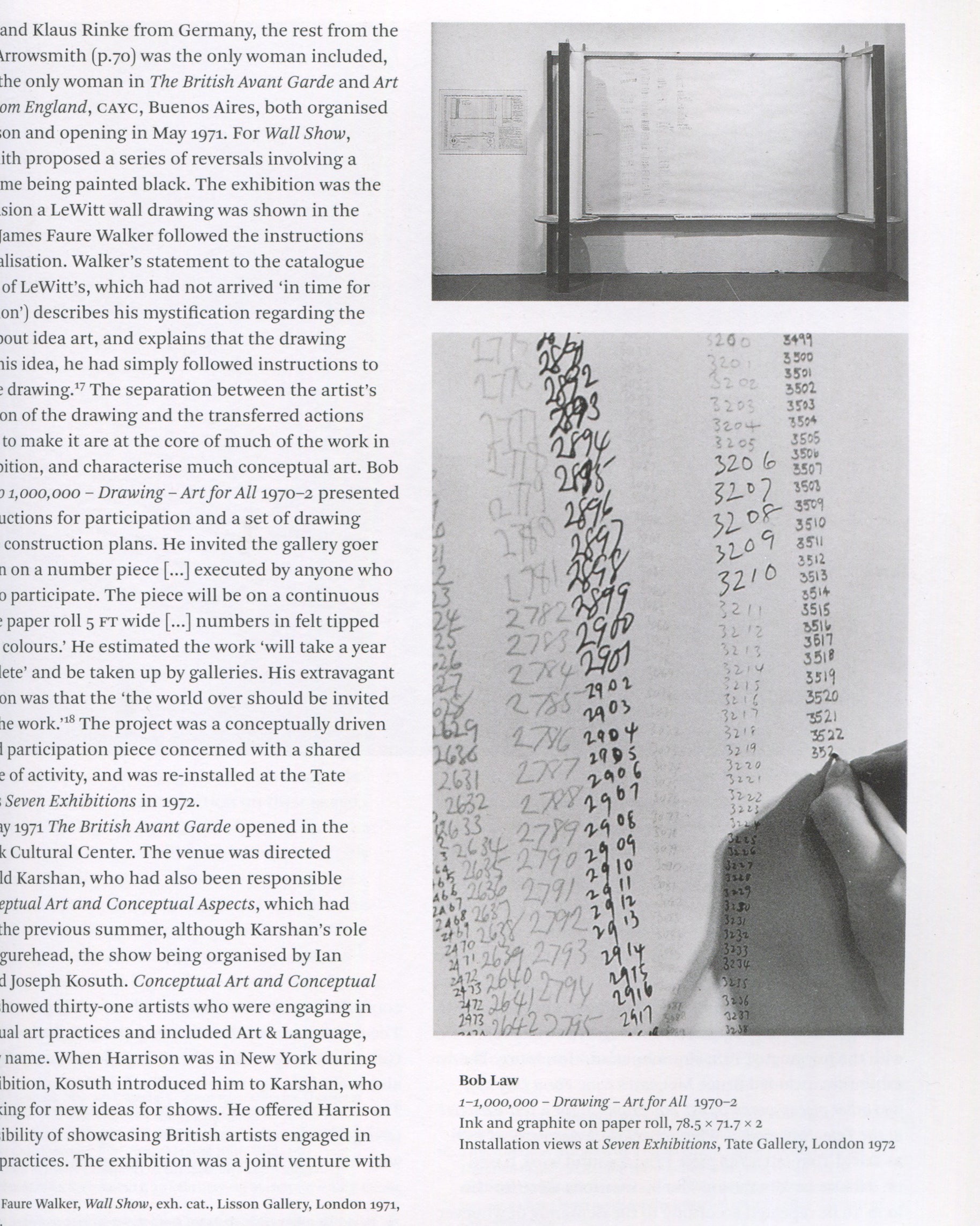 Andrew Wilson, ed., Conceptual Art in Britain 1964–1979, 2016, interior spread: essay text left; b&w installation views of Bob Law, 1–1,000,000 Drawing – Art for All, 1970–2, handwritten numbers on paper roll, Tate Gallery 1972
