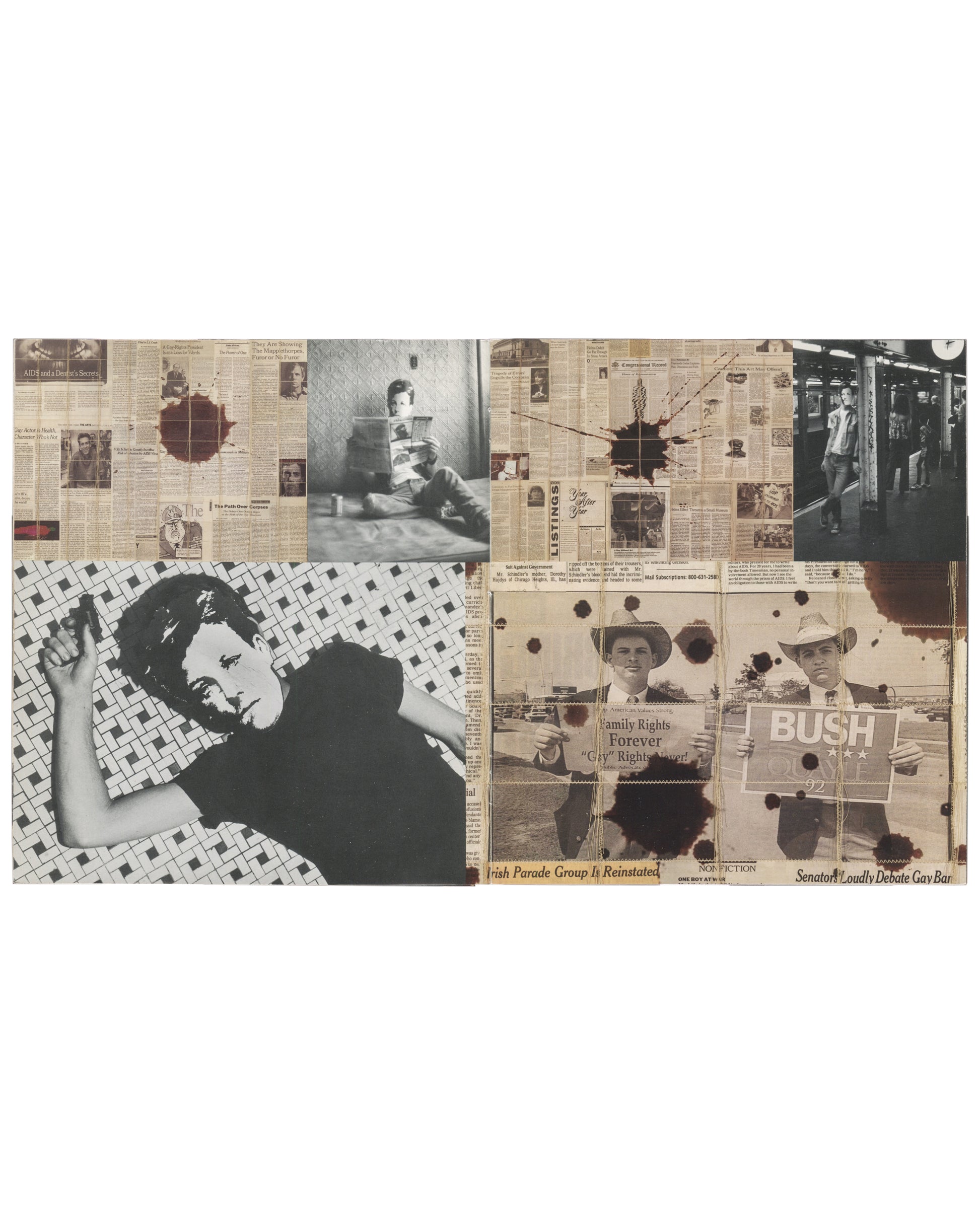 Interior spread, The Rimbaud Series / Survival AIDS, 2012, showing Hunter Reynolds's Survival AIDS works. Four quadrants across double-page: upper left — newspaper grid collage with dark blood-spot stain, small inset photograph of figure reading; upper right — newspaper grid with blood-spot stain, inset photograph of figure on subway platform; lower left — large black-and-white photo-weaving of reclining figure against tile/crosshatch pattern; lower right — newspaper grid with blood-spot stains, inset photo
