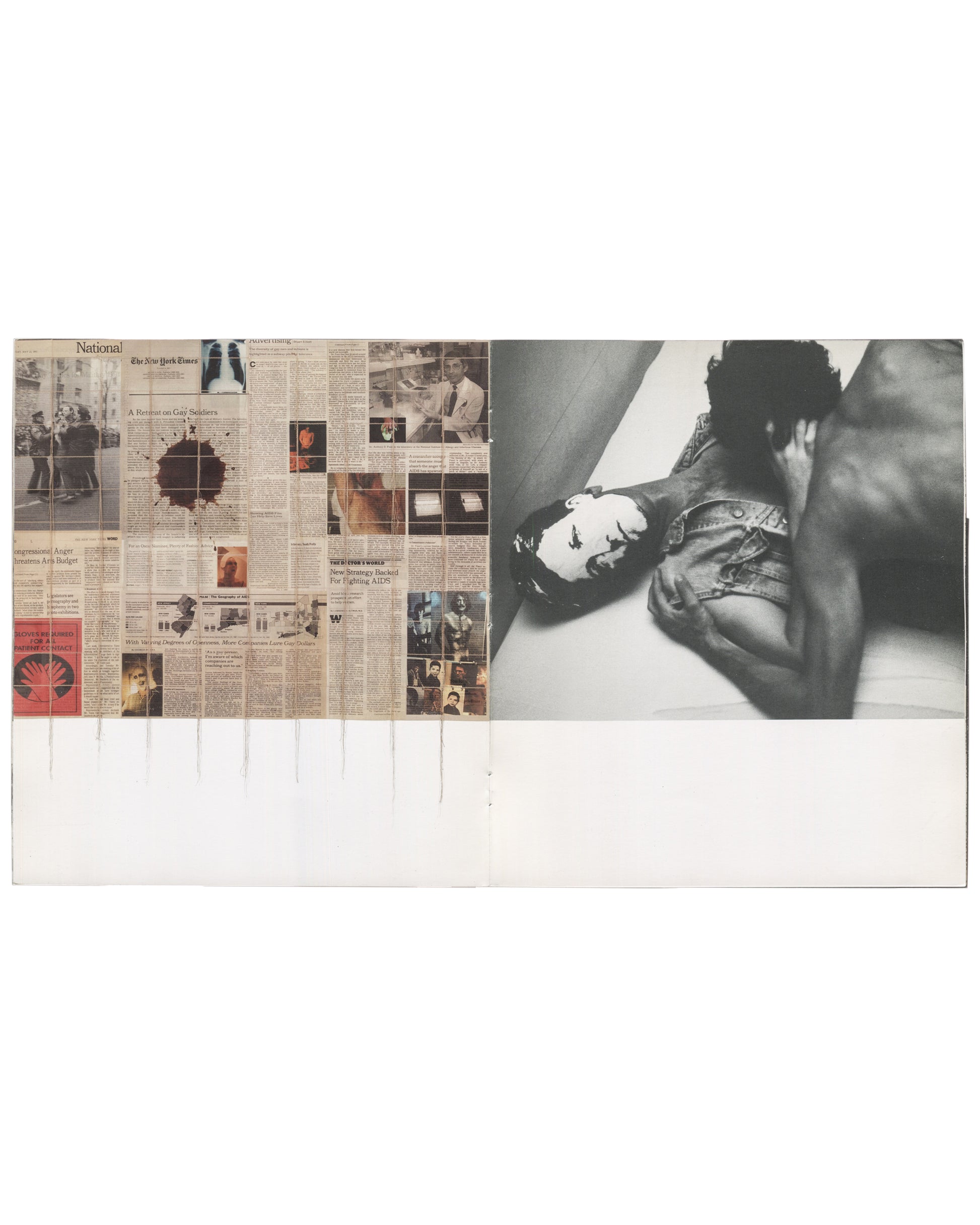 Interior spread, The Rimbaud Series / Survival AIDS, 2012. Left page: Hunter Reynolds, Survival AIDS newspaper grid — New York Times 'National' section collage with blood-spot stain at centre, headlines including 'A System on Gay Soldiers', 'New Strategy Jacked For Fighting AIDS'; red ACT UP-style graphic lower left; vertical thread or fringe elements hanging from lower edge. Right page: full-bleed black-and-white photograph — two figures in close embrace, one in leather jacket, cropped tightly.

