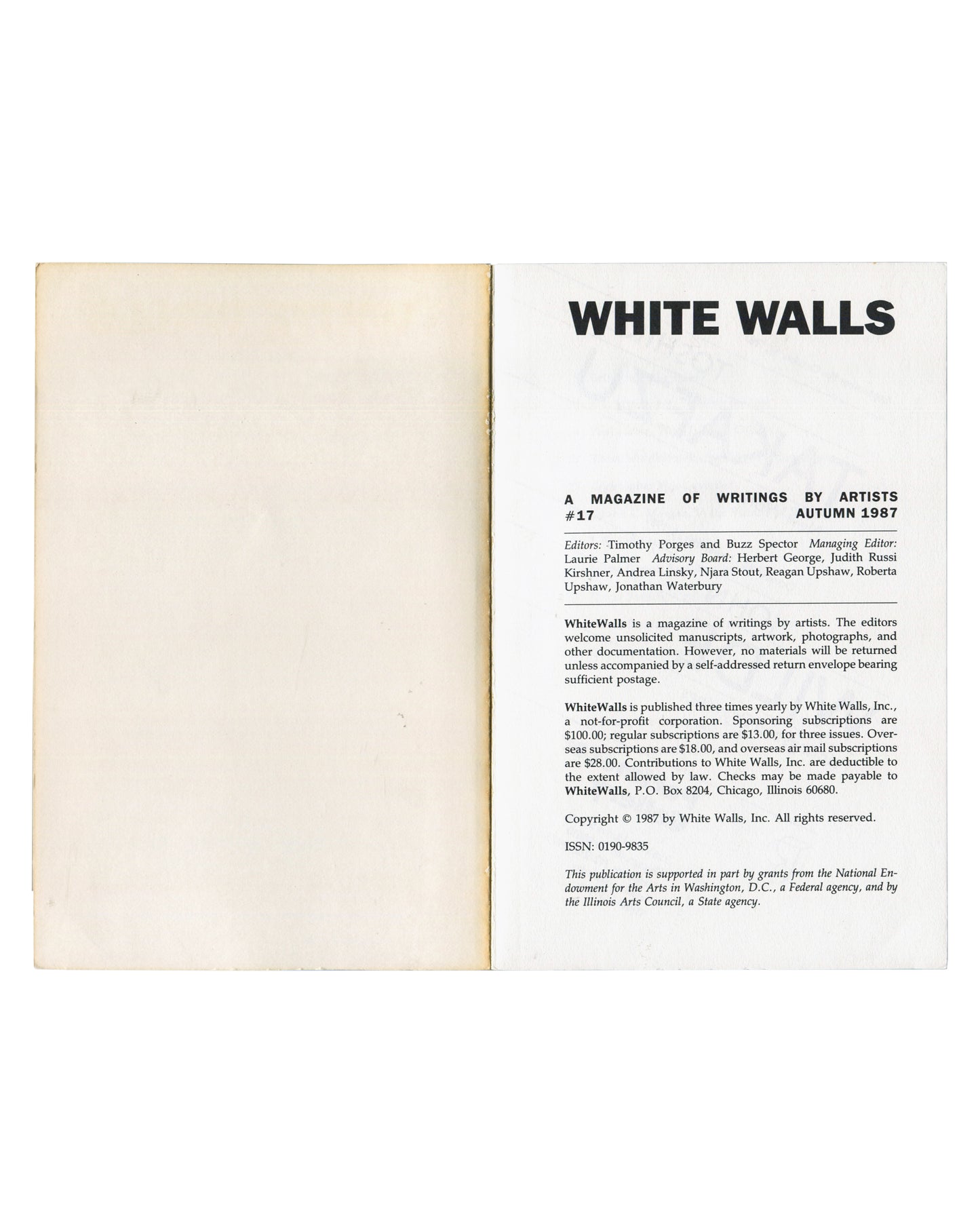 White Walls #17, Autumn 1987 — masthead spread with full editorial credits, ISSN 0190-9835, White Walls, Inc., Chicago