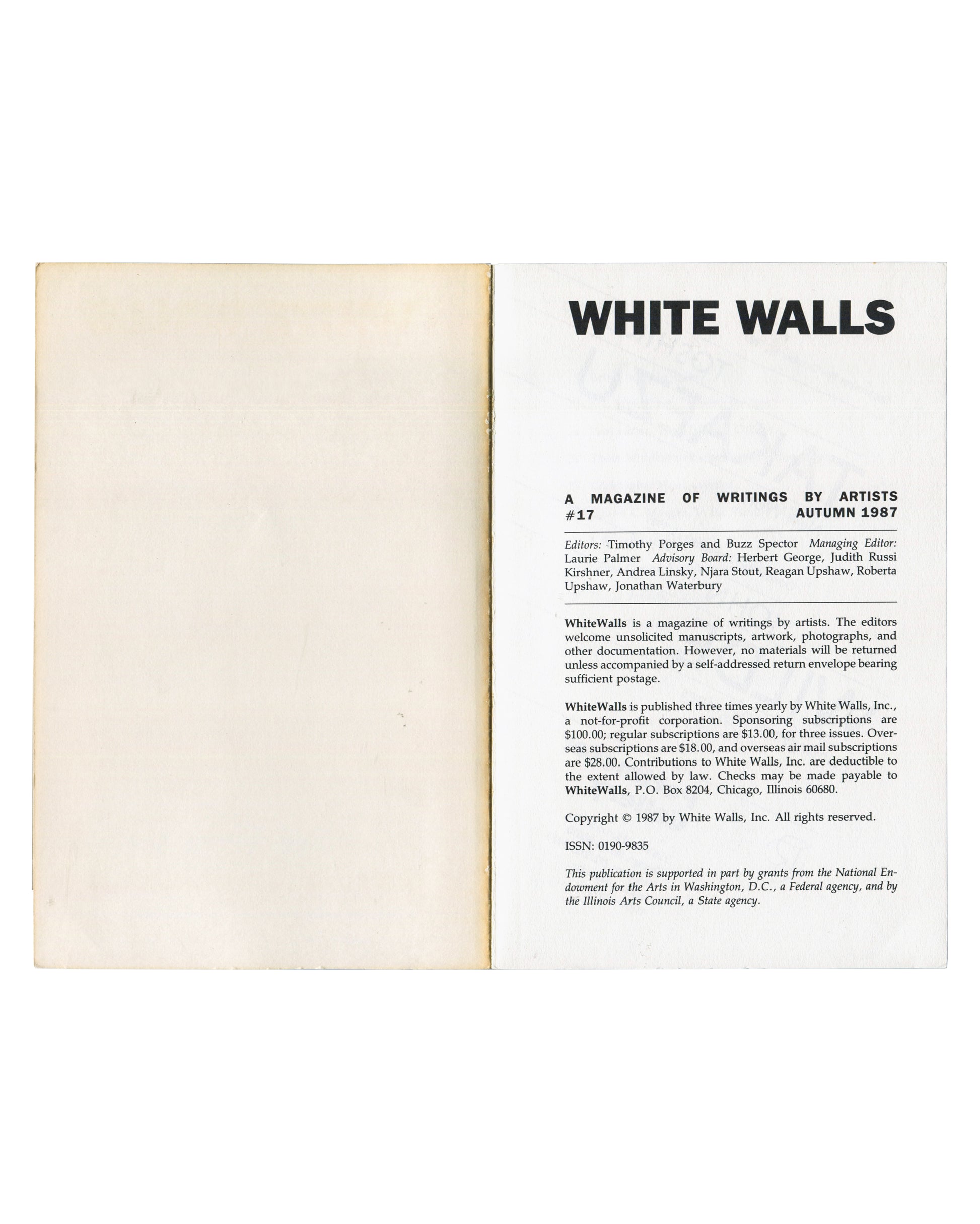 White Walls #17, Autumn 1987 — masthead spread with full editorial credits, ISSN 0190-9835, White Walls, Inc., Chicago