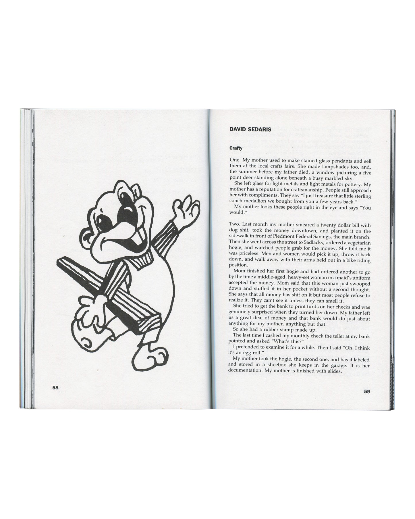 David Sedaris, Crafty, White Walls #17, 1987 — opening spread with illustrated cartoon figure, pp. 58–59