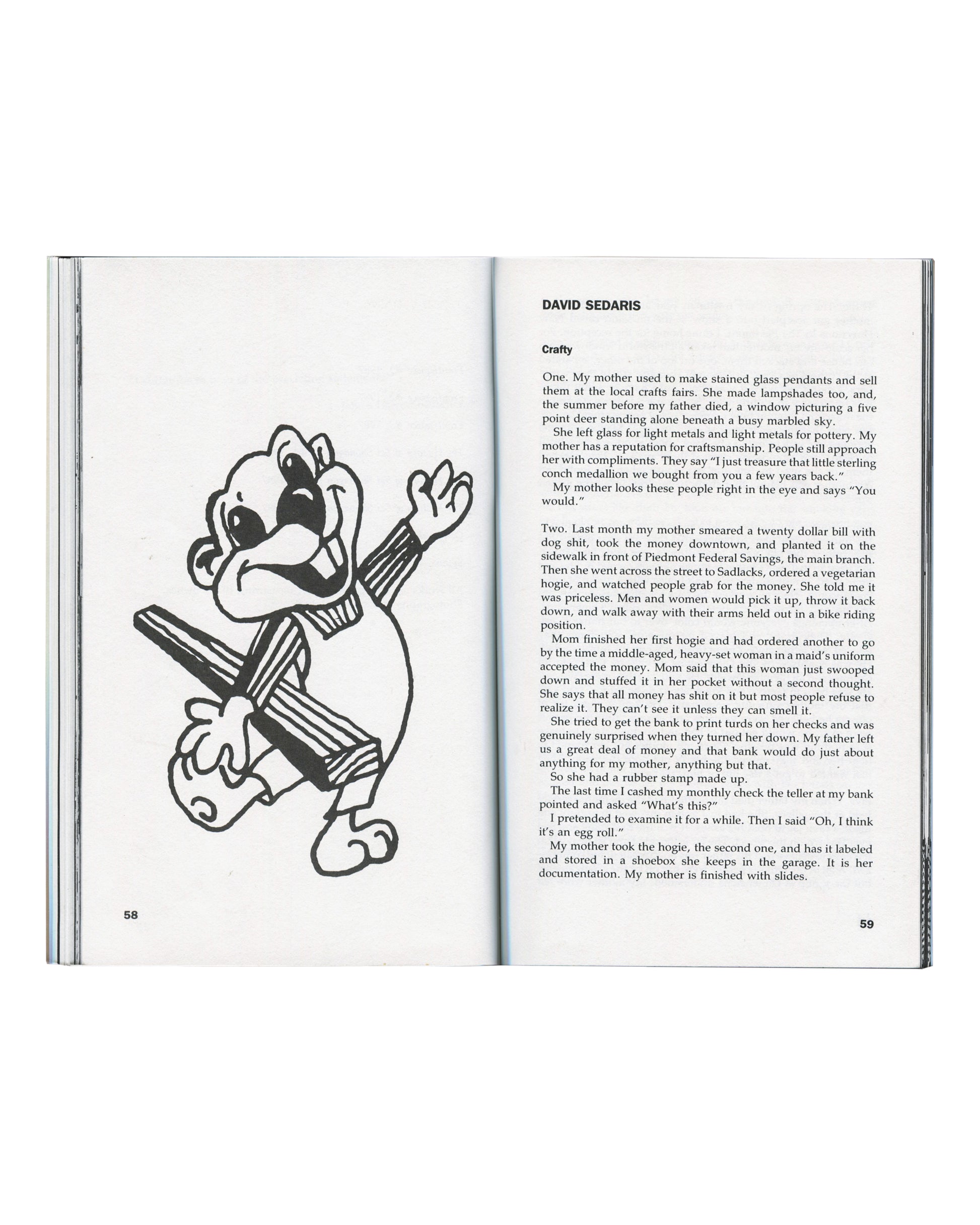 David Sedaris, Crafty, White Walls #17, 1987 — opening spread with illustrated cartoon figure, pp. 58–59