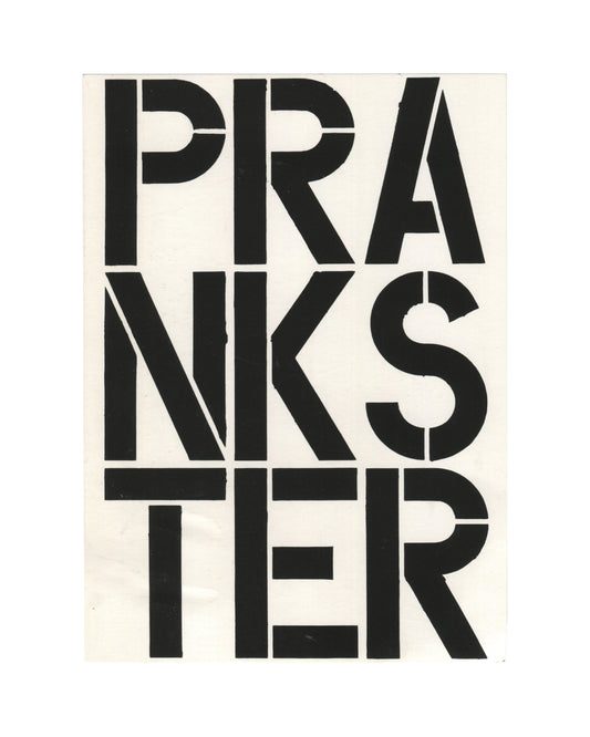 Original c. late 1980s–early 1990s Christopher Wool Prankster graphic card, offset print on white card stock, showing the word 'PRANKSTER' printed in large bold black stencil-style block capitals across three lines reading 'PRA / NKS / TER', each letter fractured by thin white gaps at intersections consistent with Wool's text-based stencil language; letters fill the full card surface edge to edge against white ground.