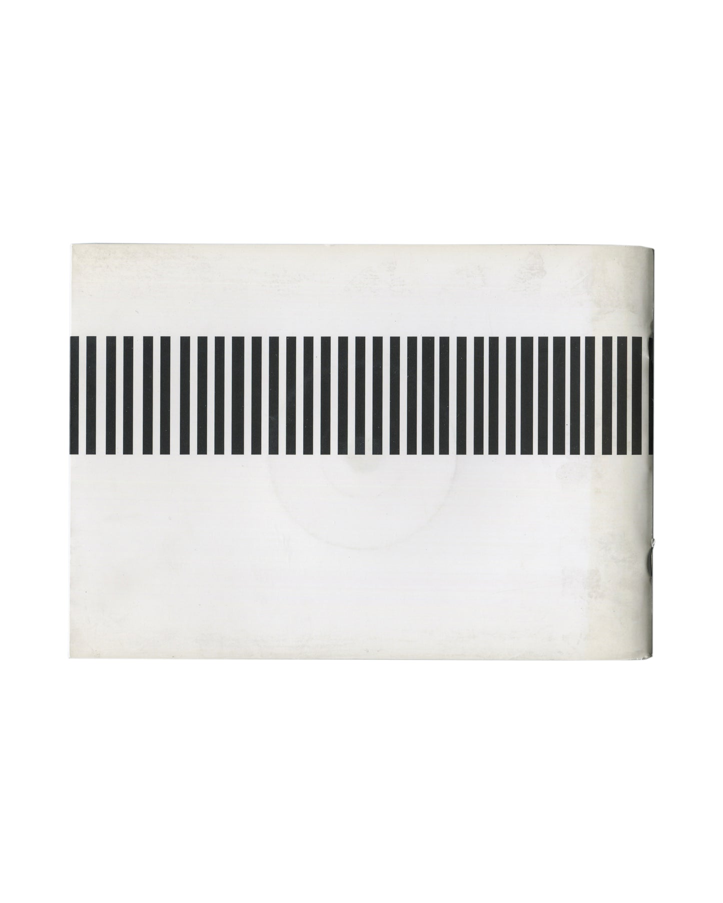 Back cover of Elizabeth Wright, Space Travel, Locus+ / Nexus, Newcastle upon Tyne, 2005. White ground. Horizontal black barcode-like band of varying-width vertical bars spanning full width, positioned across upper third. No text. Age toning, surface soiling, and handling marks visible.