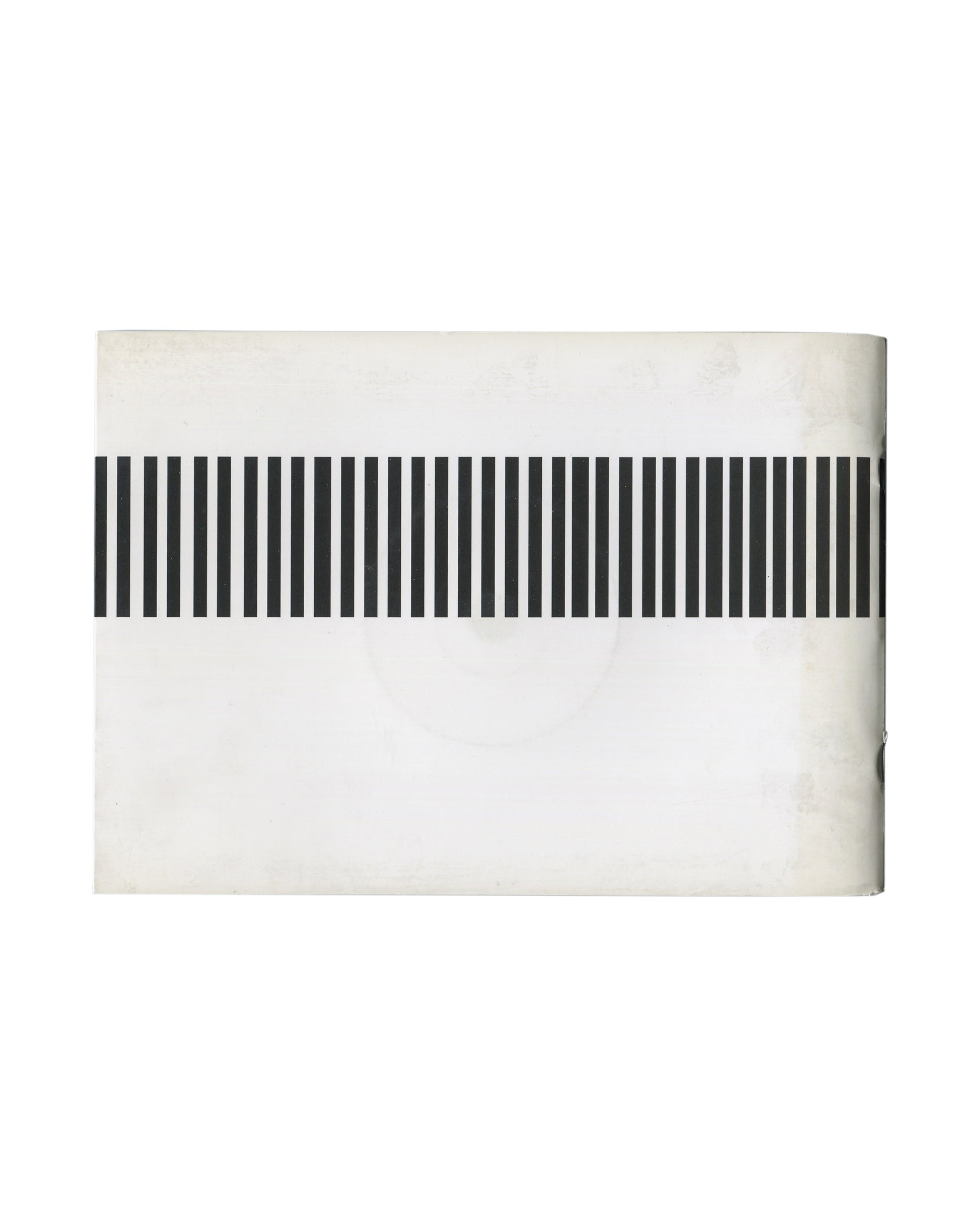 Back cover of Elizabeth Wright, Space Travel, Locus+ / Nexus, Newcastle upon Tyne, 2005. White ground. Horizontal black barcode-like band of varying-width vertical bars spanning full width, positioned across upper third. No text. Age toning, surface soiling, and handling marks visible.
